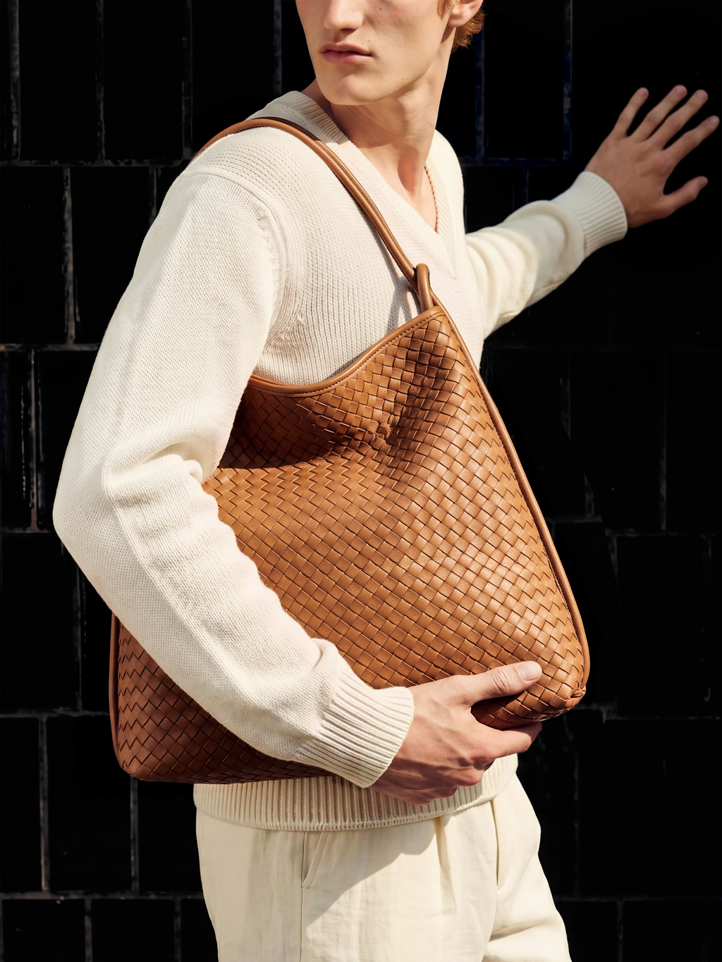 Versa Large Tan Brown Woven Convertible Leather Tote