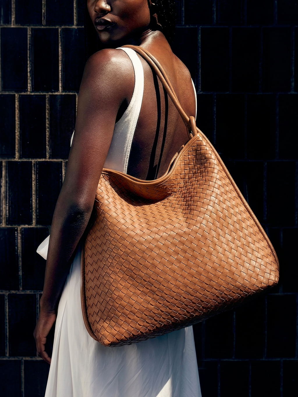 Versa Large Tan Brown Woven Convertible Leather Tote