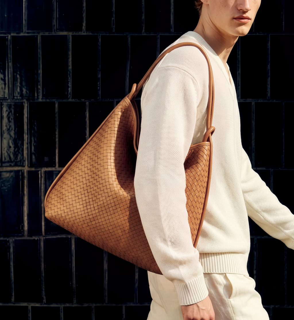 Versa Large Tan Brown Woven Convertible Leather Tote