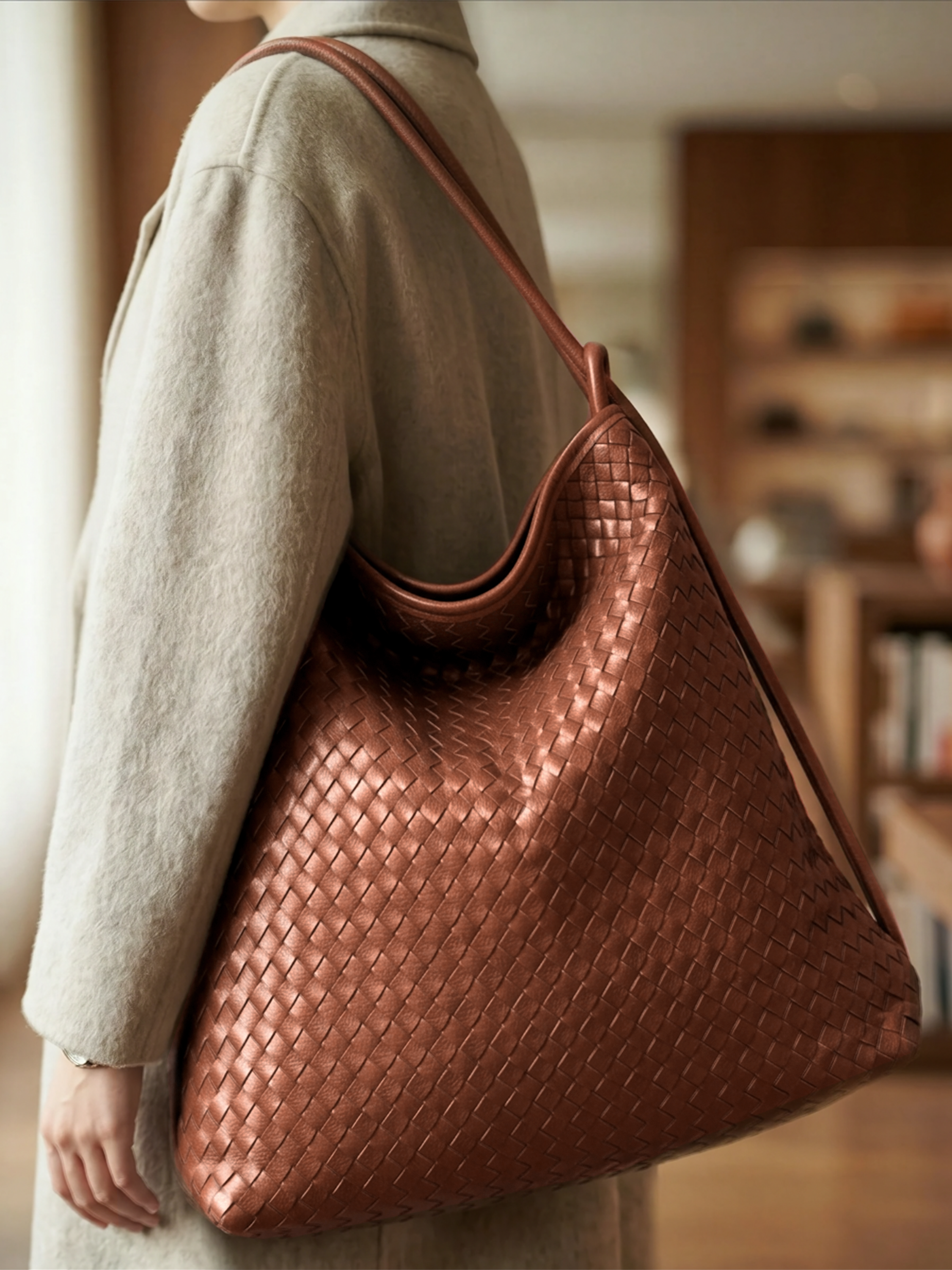 Versa Large Caramel Woven Convertible Leather Tote