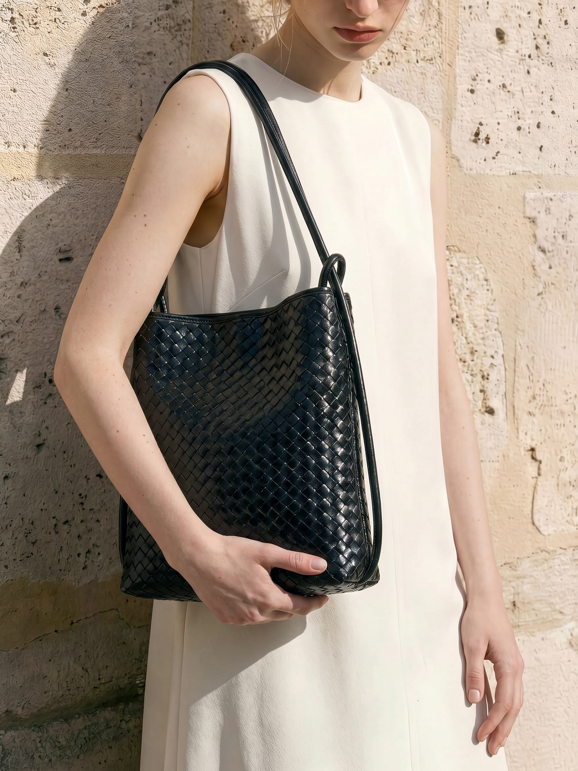Mini Versa Black Woven Convertible Leather Tote