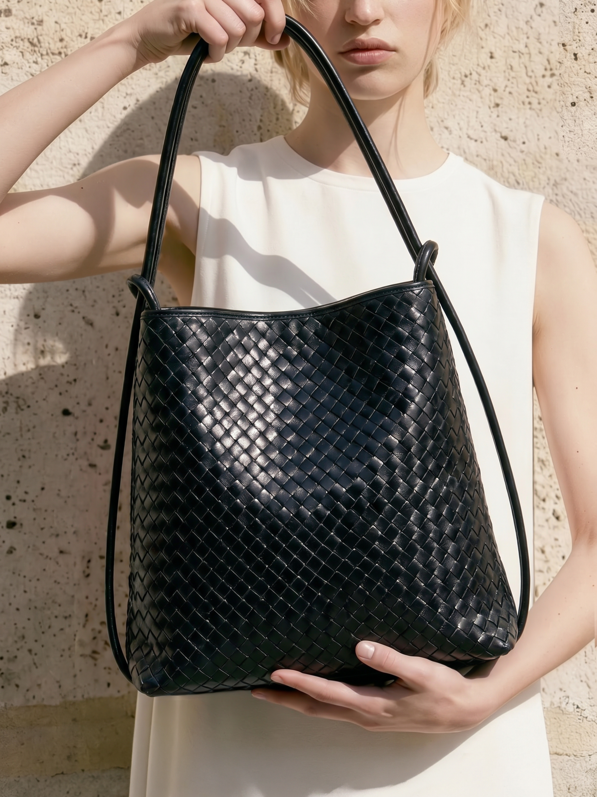 Mini Versa Black Woven Convertible Leather Tote