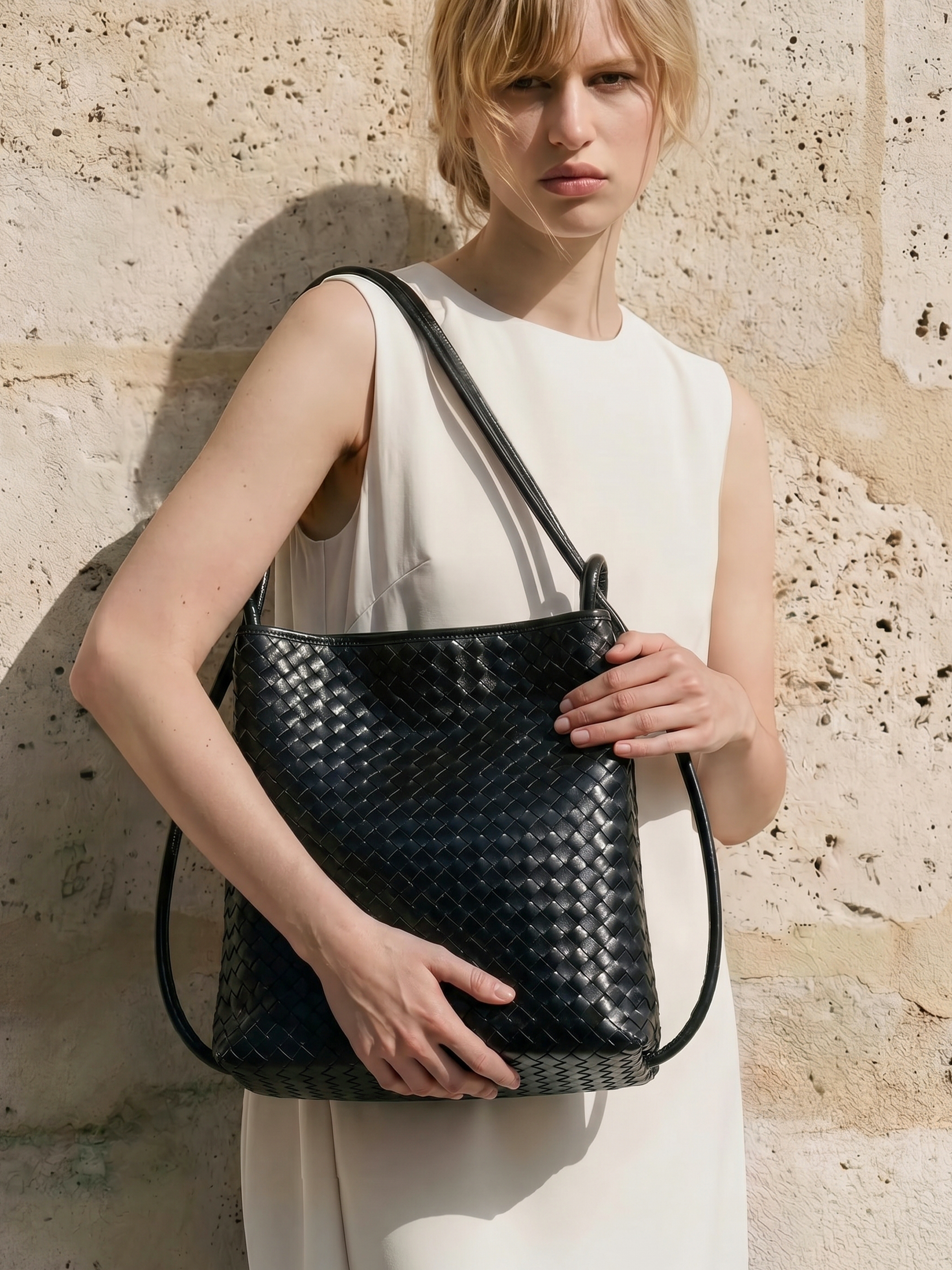 Mini Versa Black Woven Convertible Leather Tote