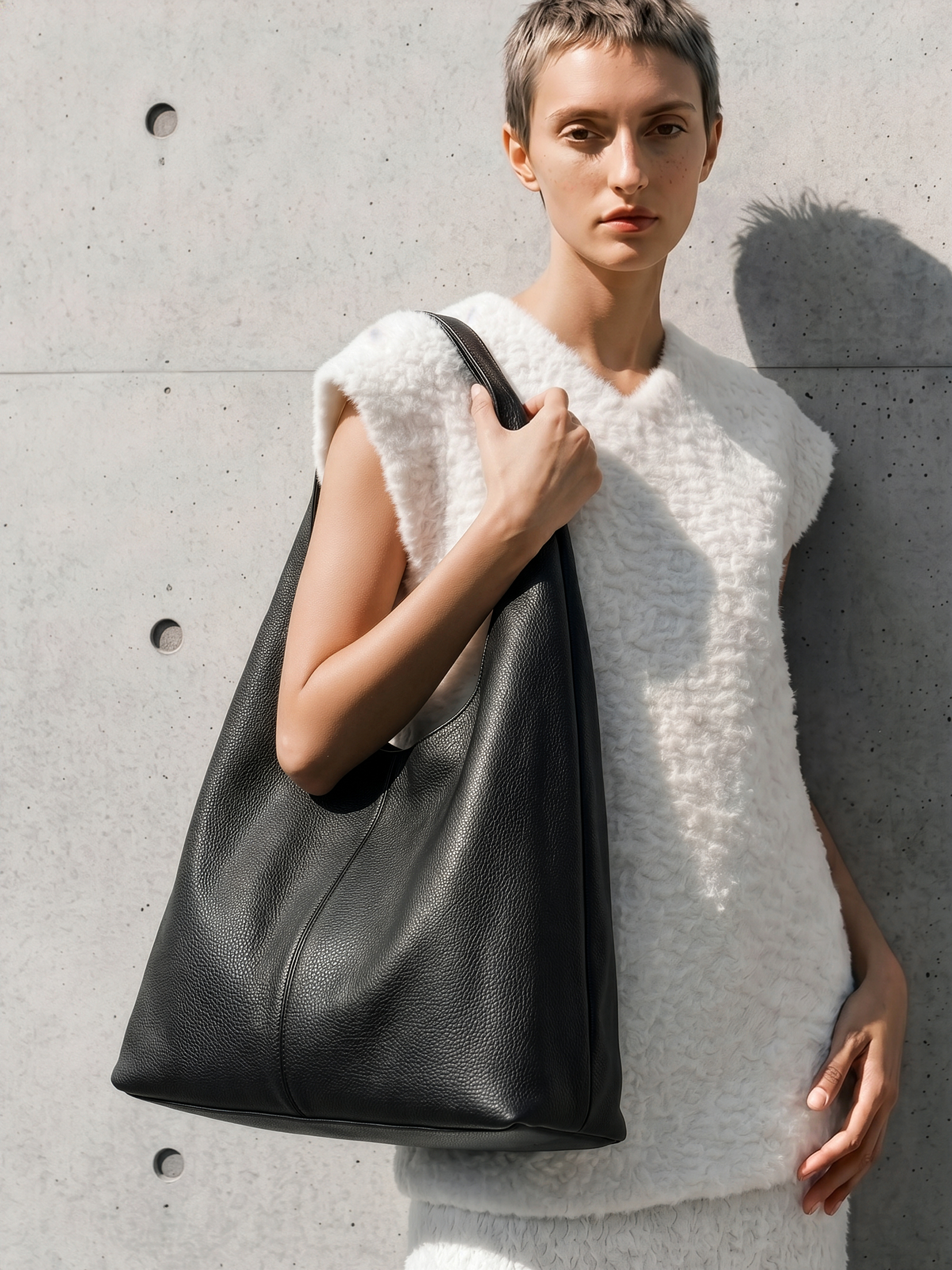 Alba Black Slouchy Leather Tote with Pouch