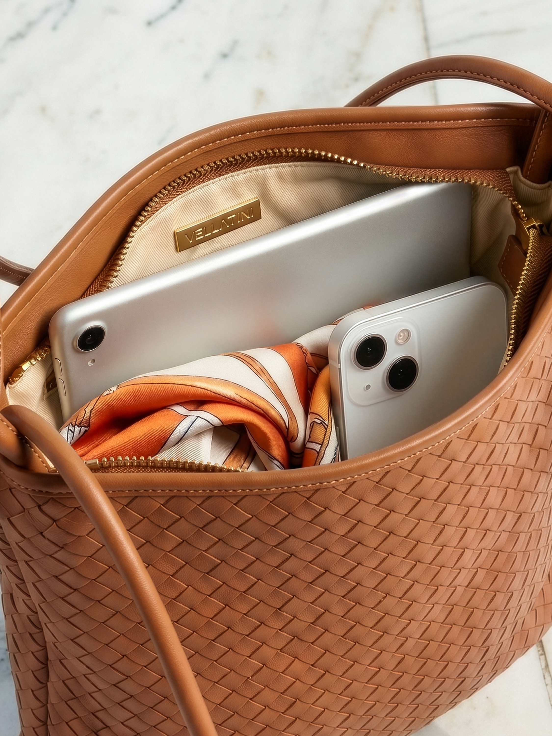 Mini Versa Tan Woven Convertible Leather Tote