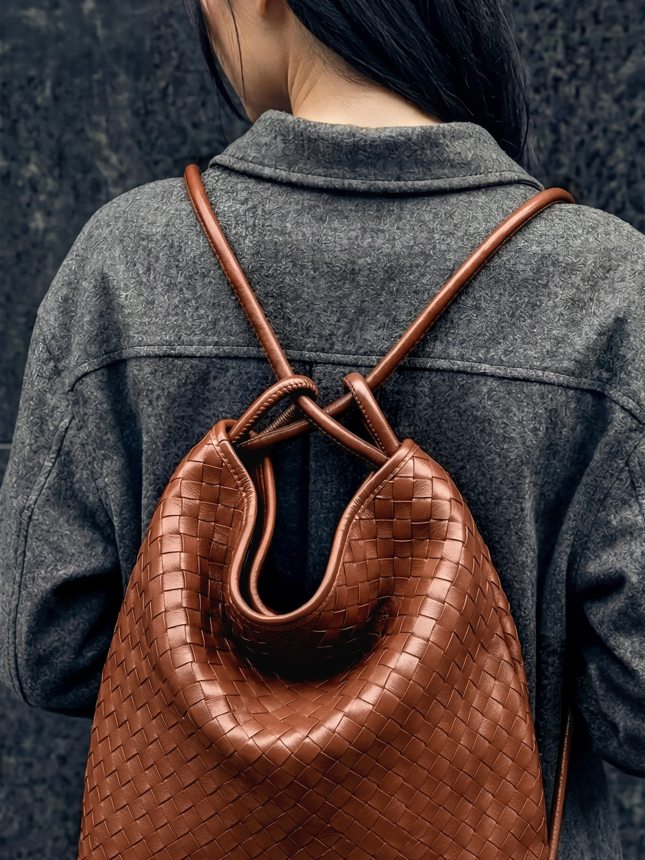 Mini Versa Caramel Woven Convertible Leather Tote