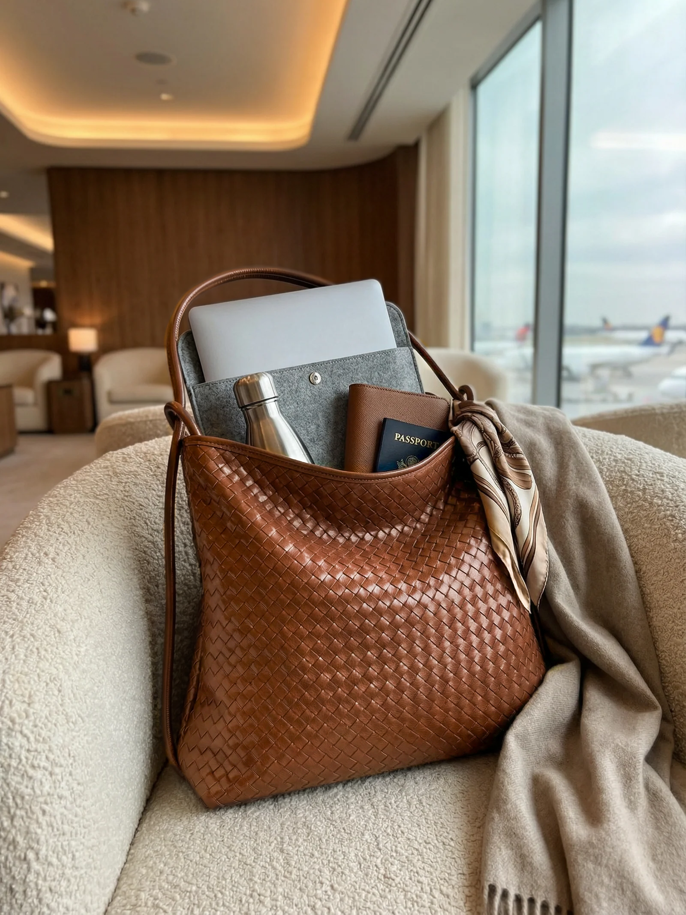 Versa Large Caramel Woven Convertible Leather Tote