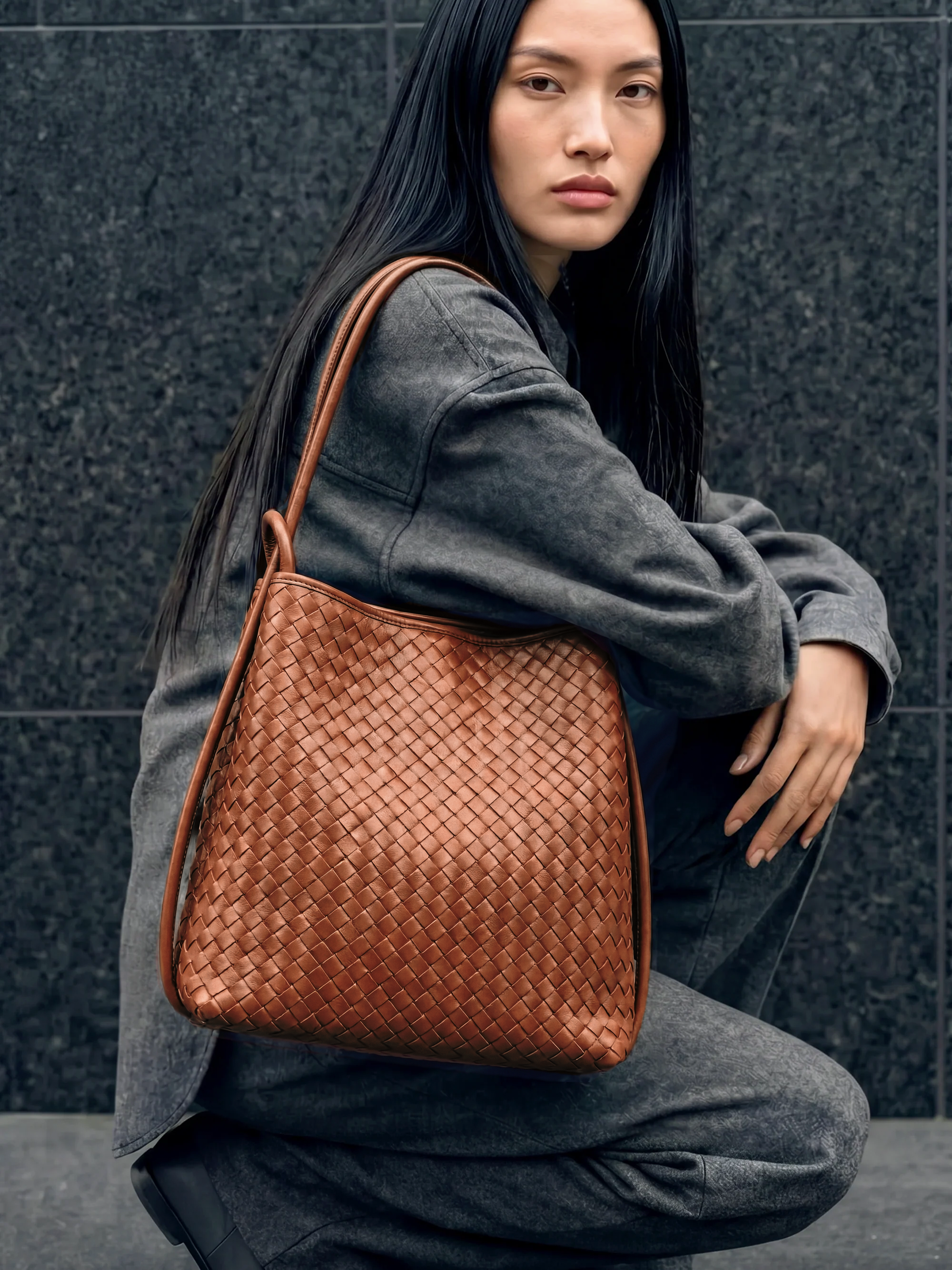 Mini Versa Caramel Woven Convertible Leather Tote