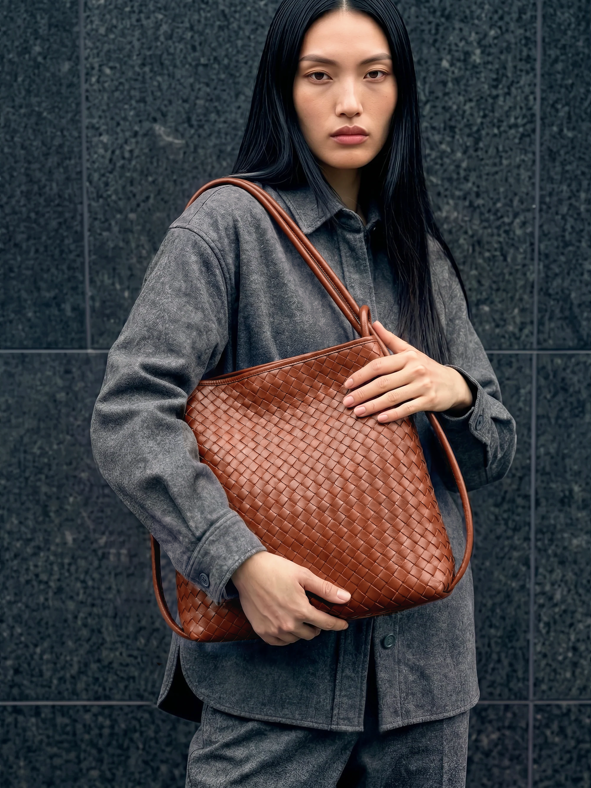 Mini Versa Caramel Woven Convertible Leather Tote