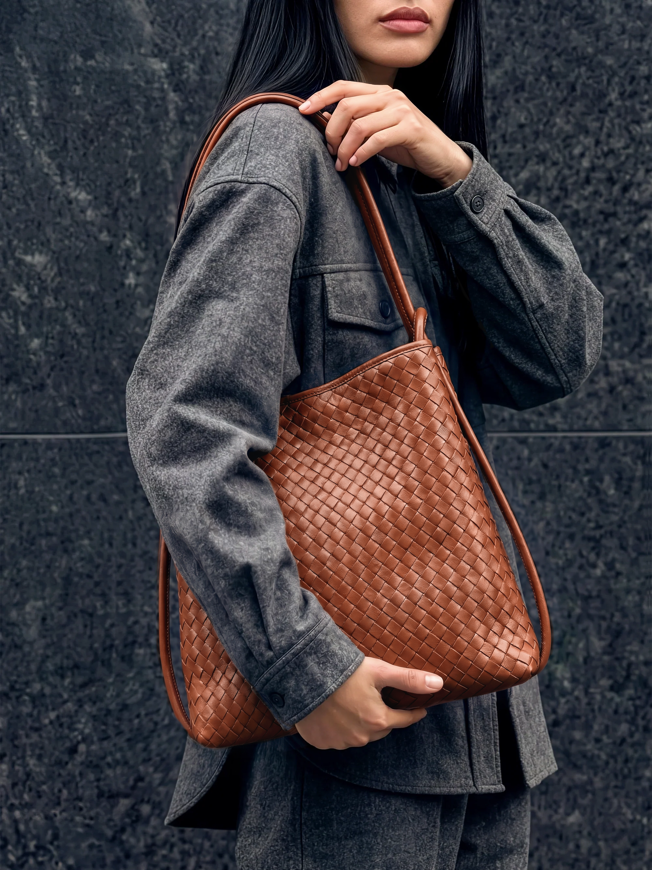 Mini Versa Caramel Woven Convertible Leather Tote