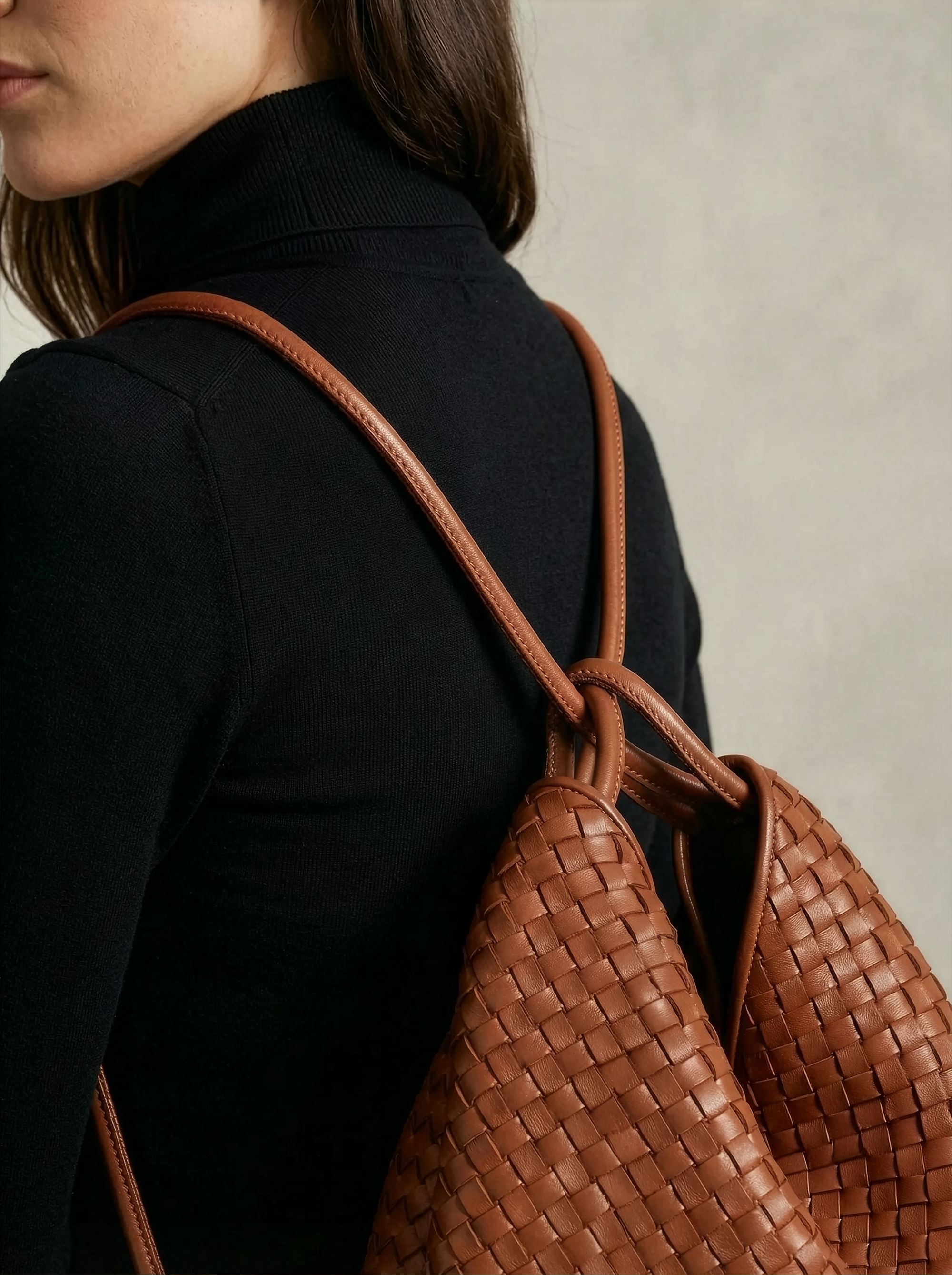 Versa Large Caramel Woven Convertible Leather Tote