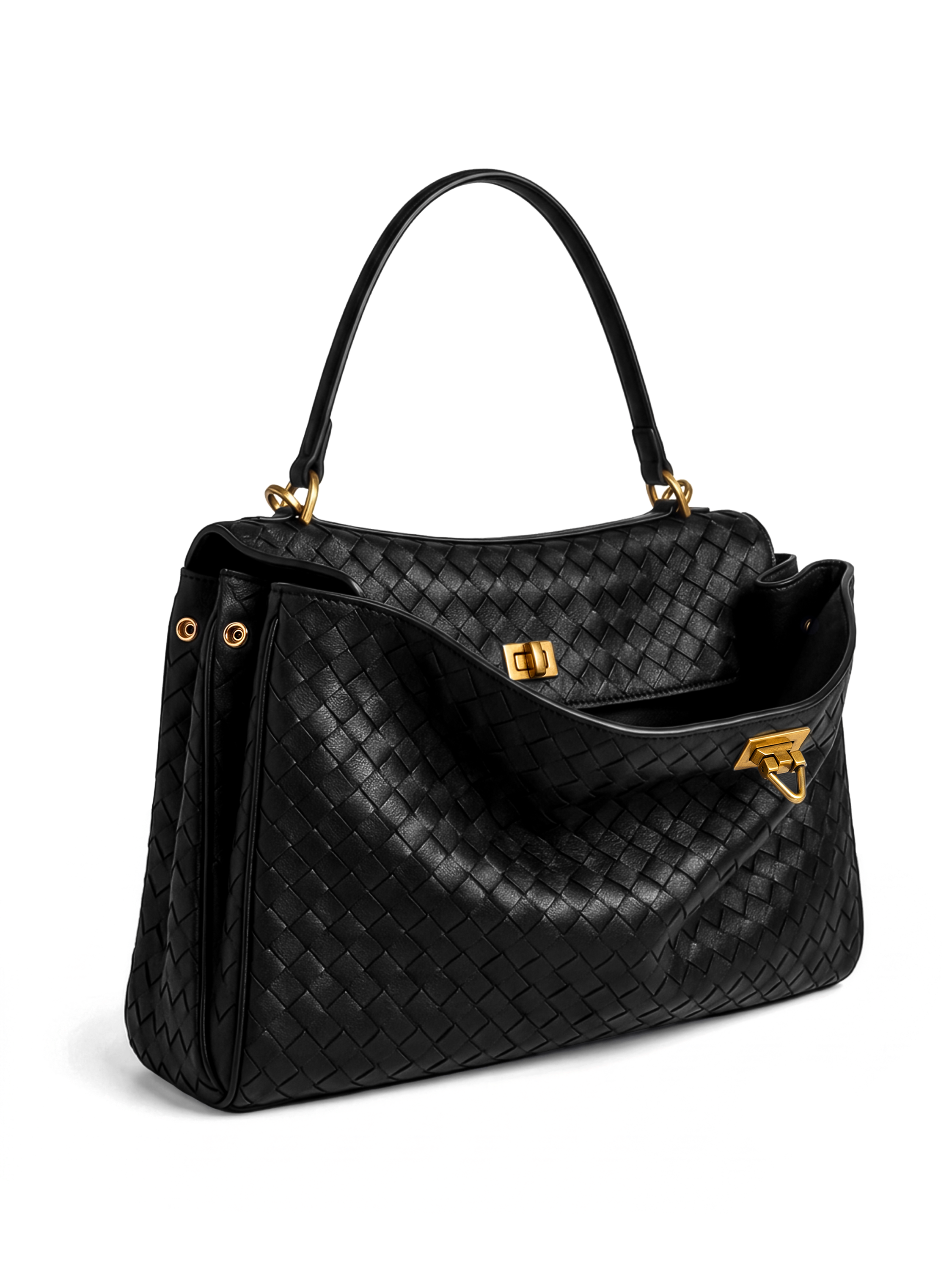 Soluta Black Woven Leather Top Handle Bag