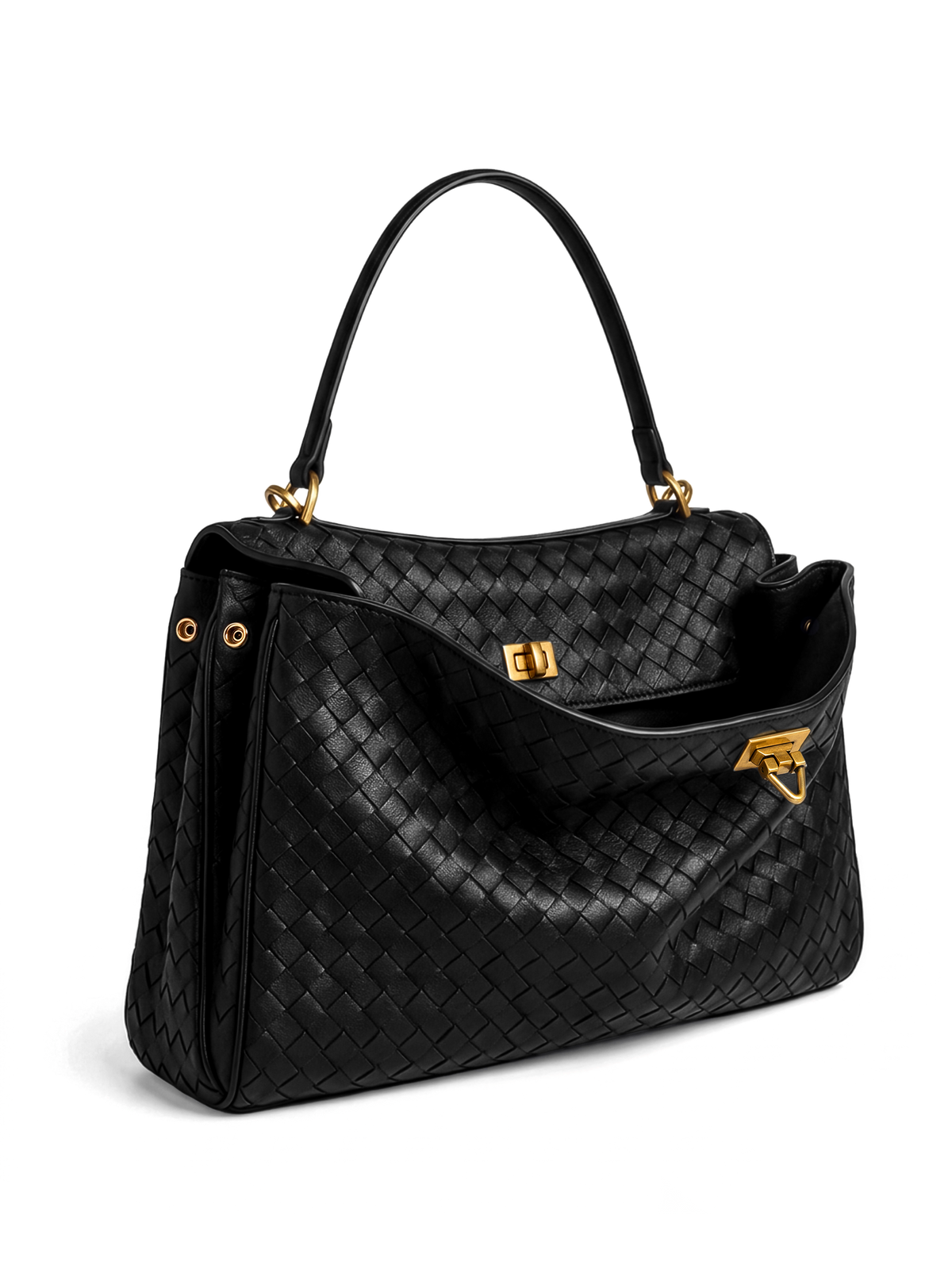 Soluta Black Woven Leather Top Handle Bag