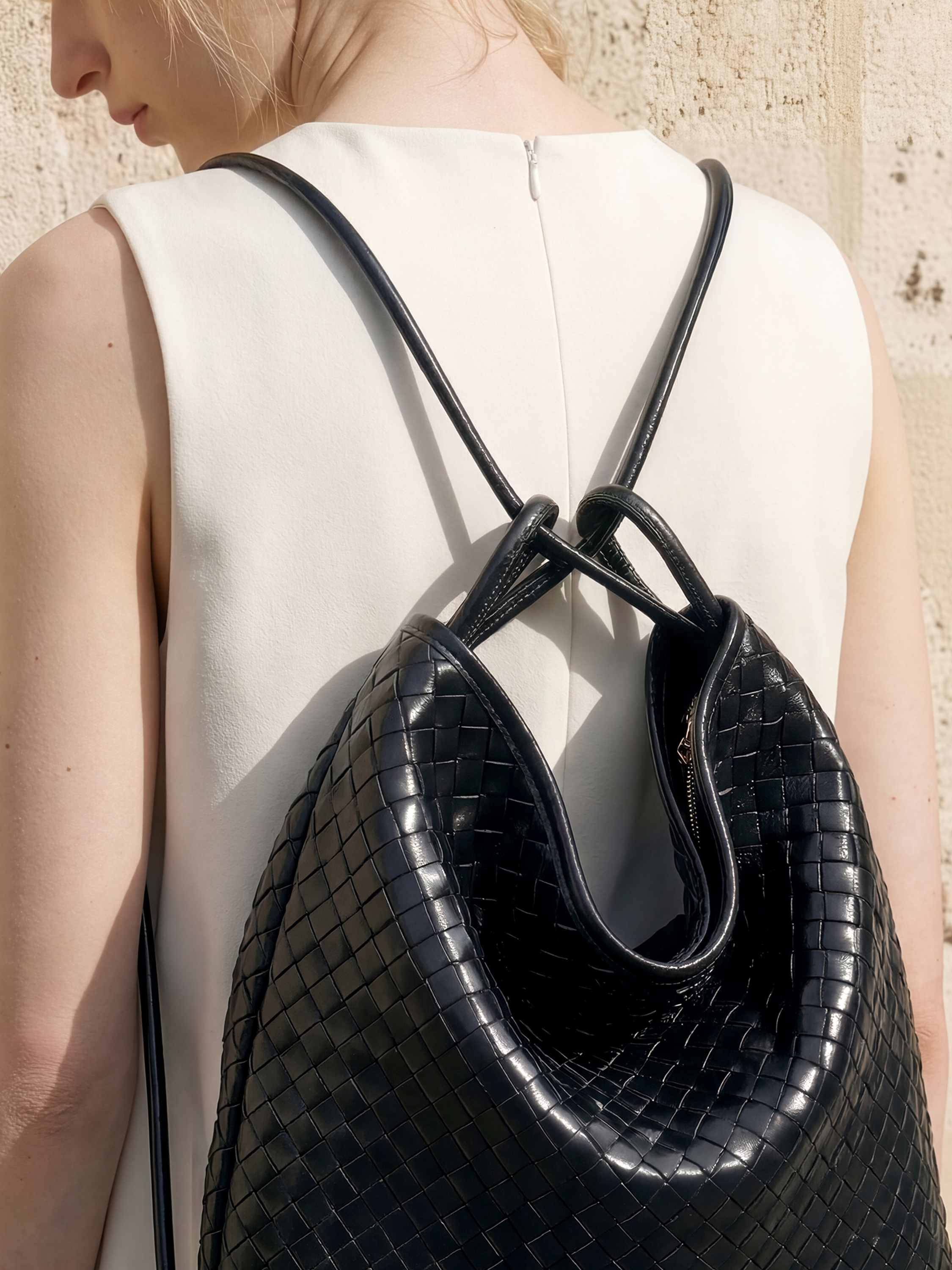 Mini Versa Black Woven Convertible Leather Tote