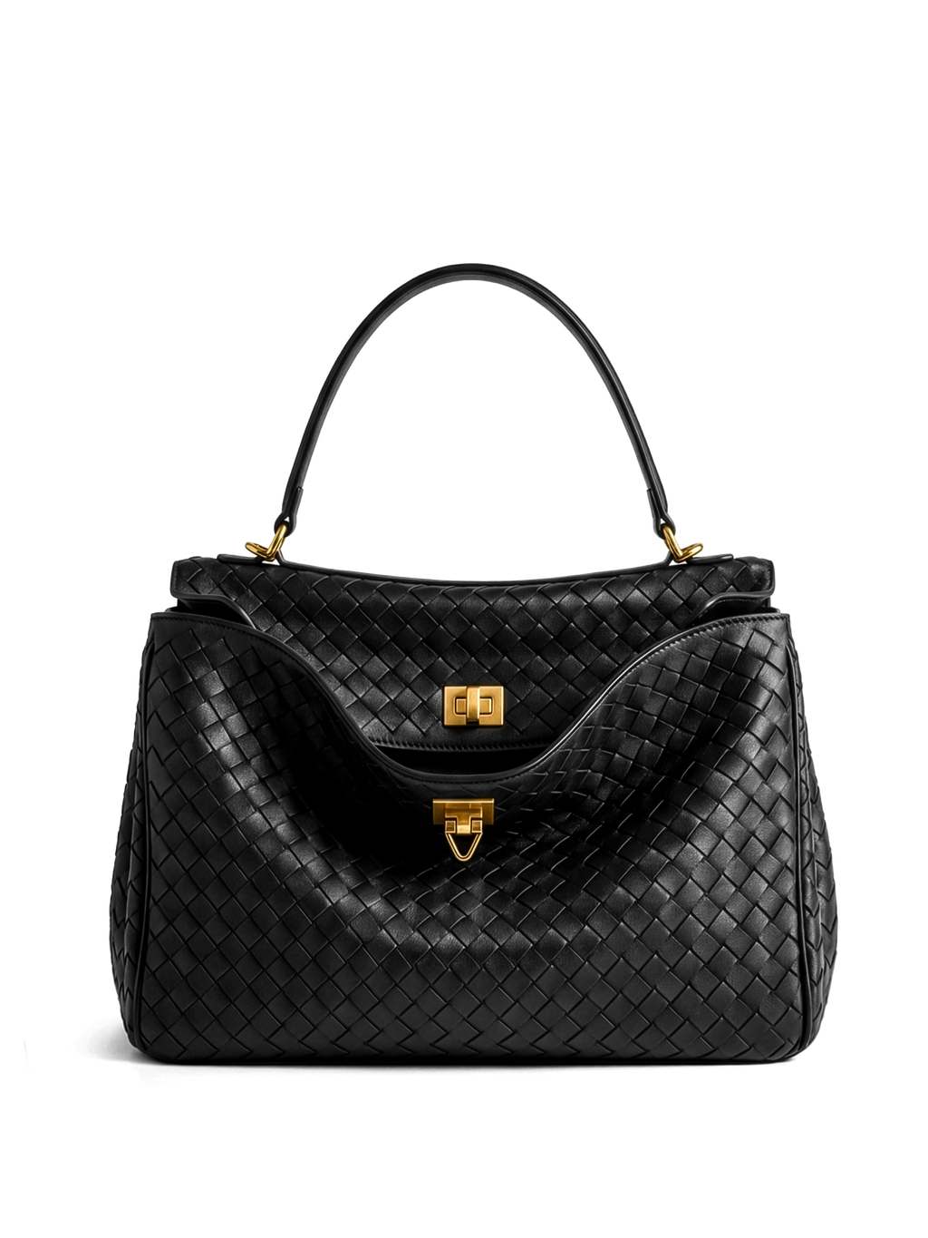 Soluta Black Woven Leather Top Handle Bag