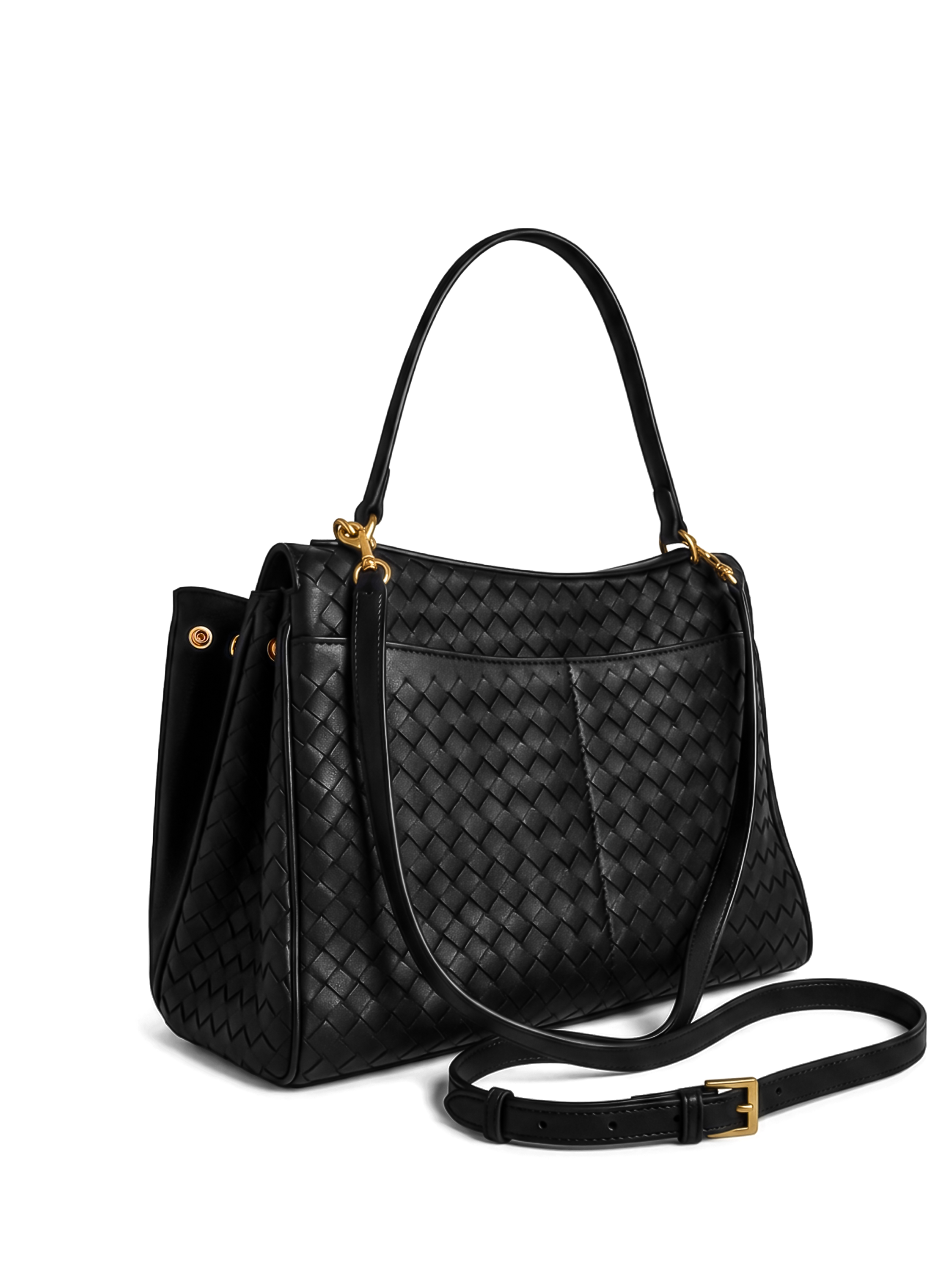 Soluta Black Woven Leather Top Handle Bag