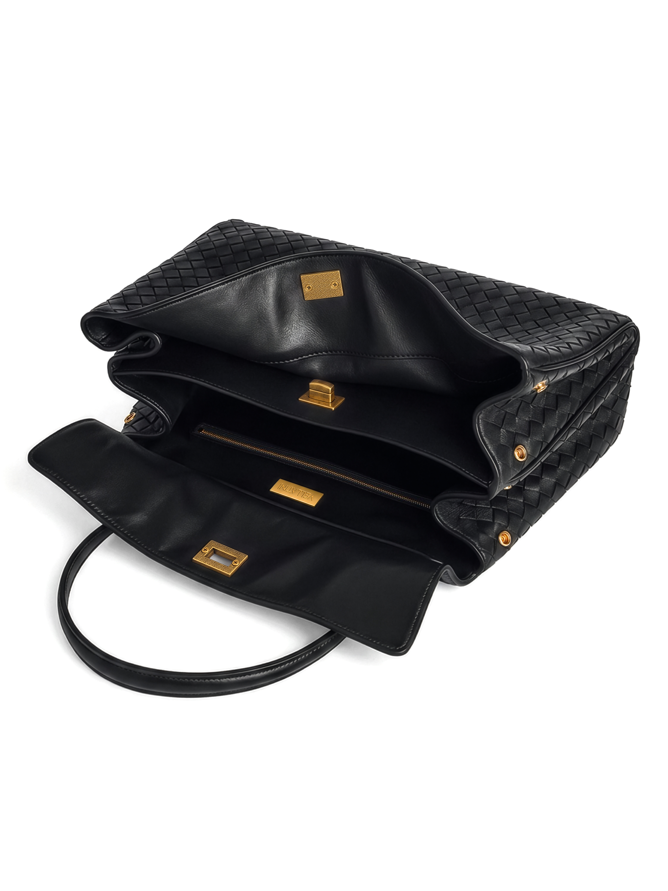 Soluta Black Woven Leather Top Handle Bag