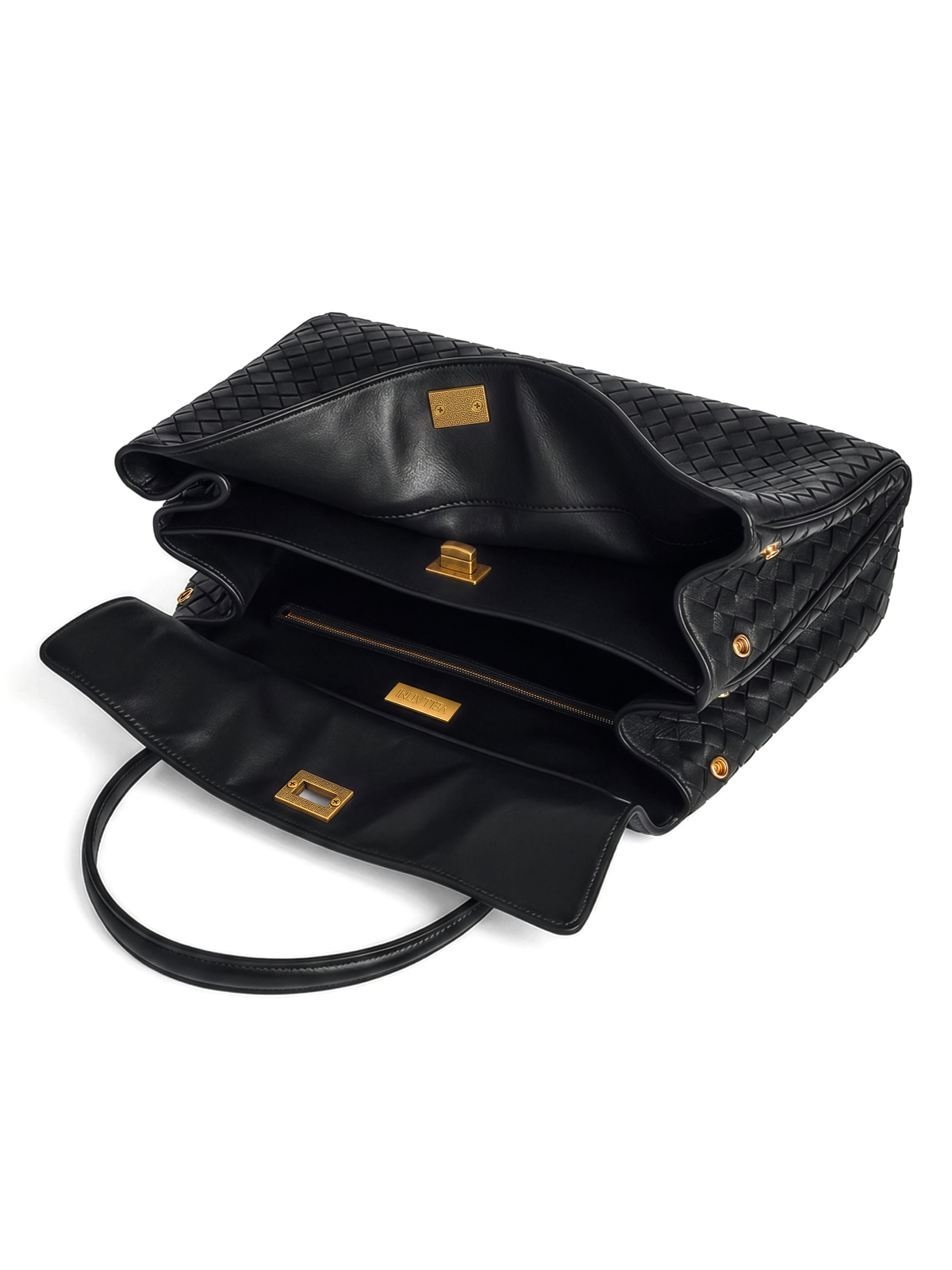 Soluta Black Woven Leather Top Handle Bag