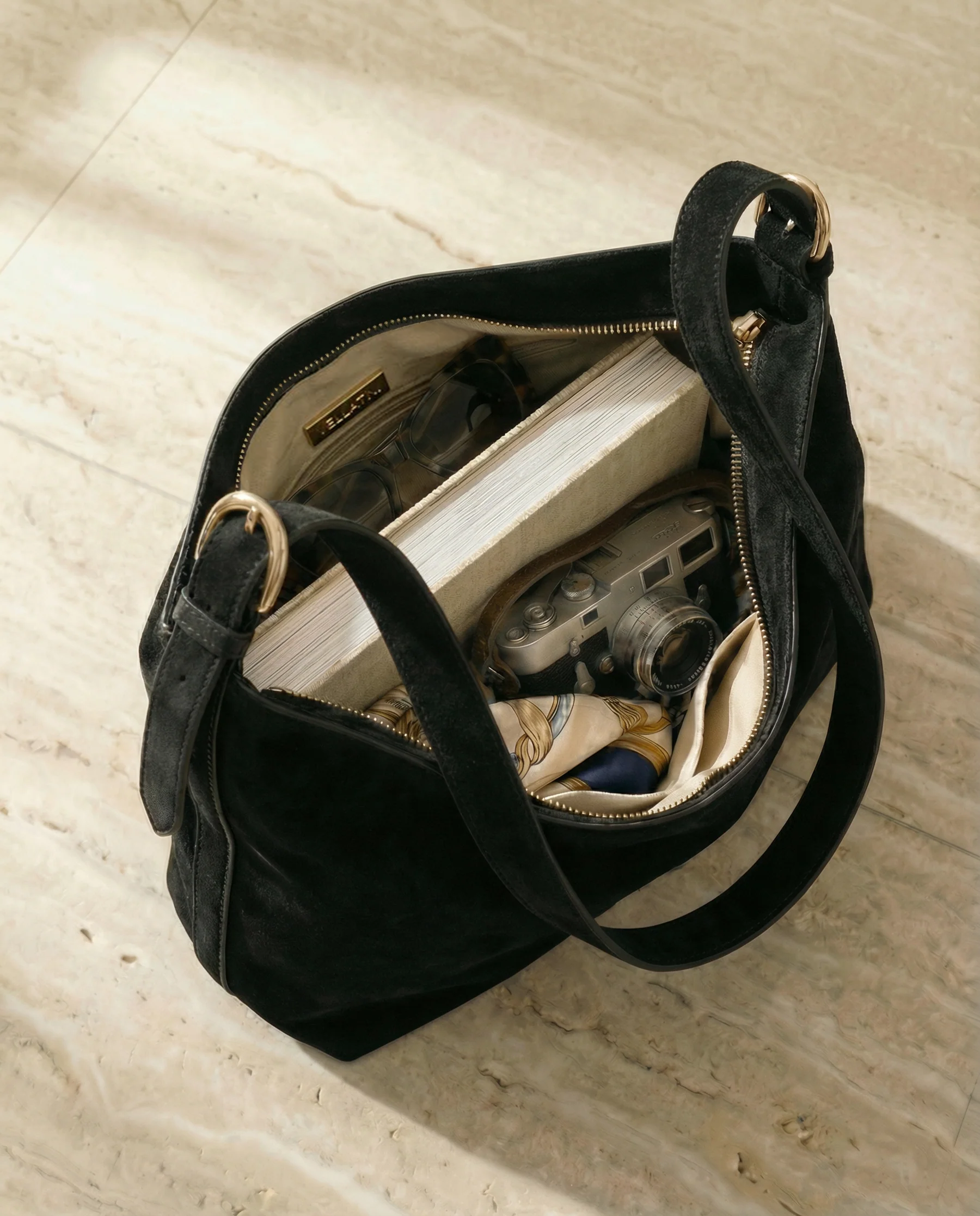 Veluna Black Suede Hobo Bag