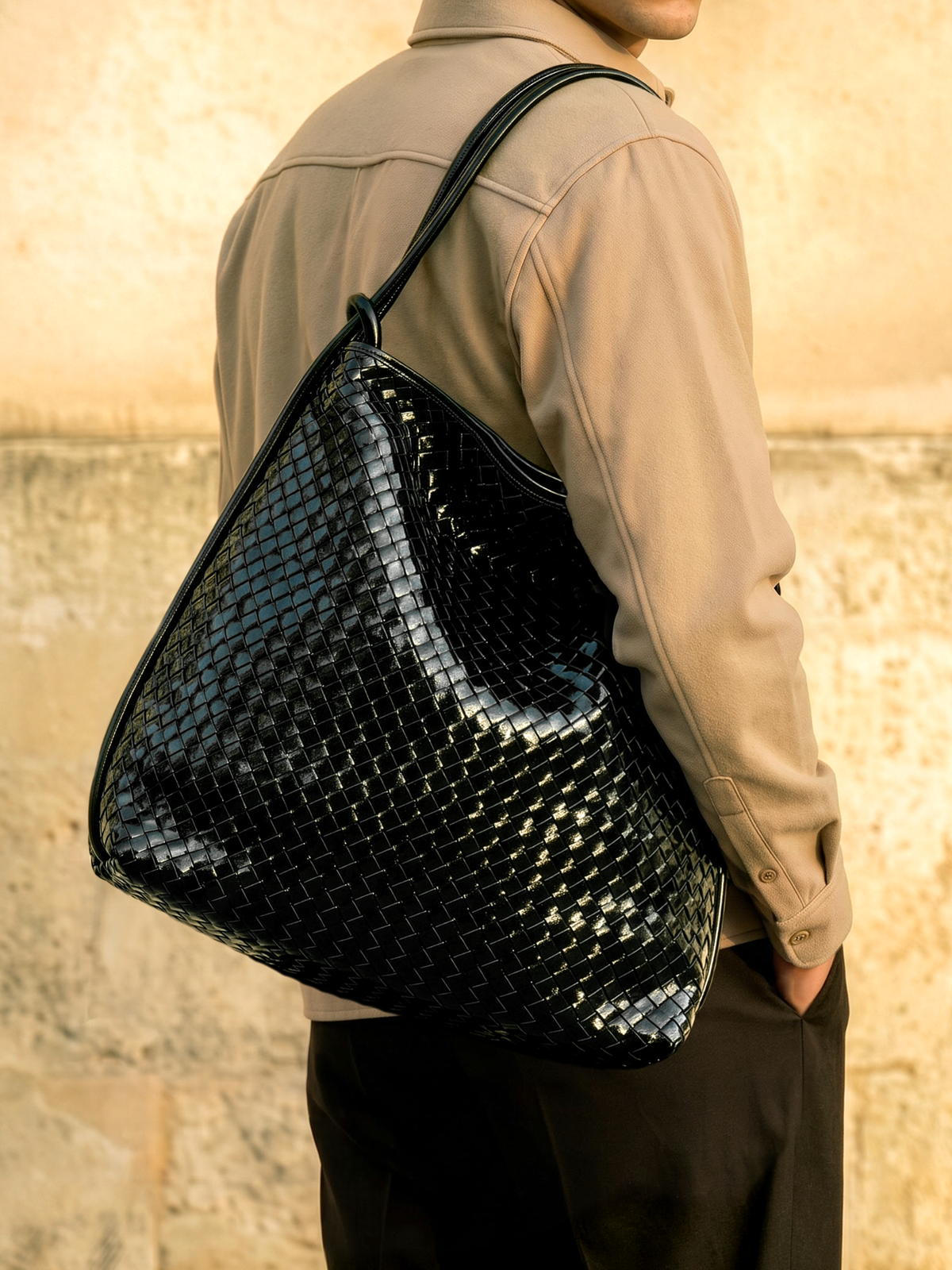 Versa Large Black Woven Convertible Leather Tote