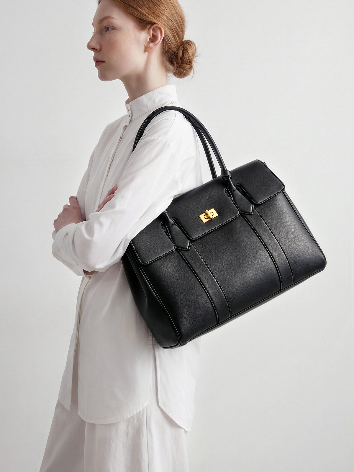Domus Black Leather Top Handle Bag