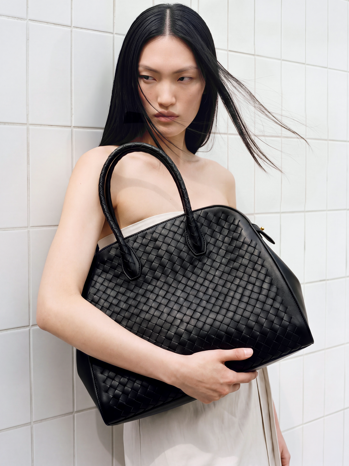 Forte Black Woven Top Handle Bag