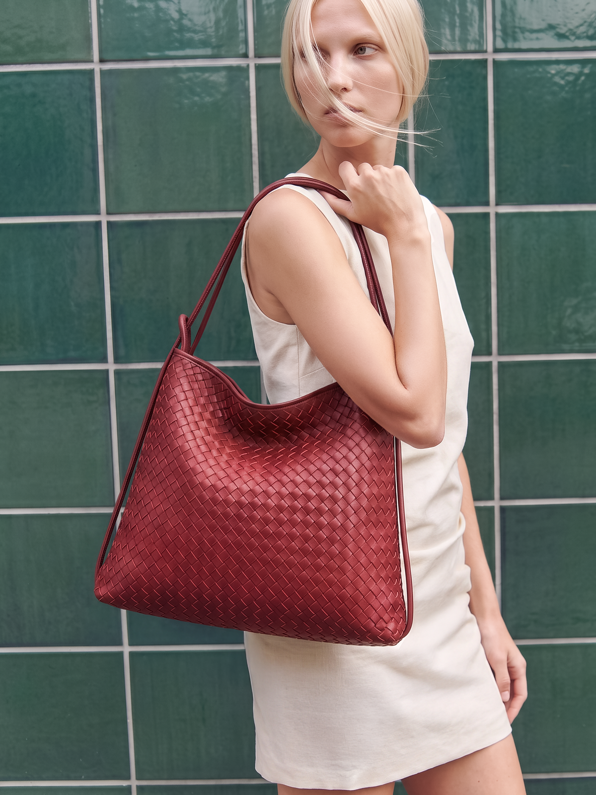 Versa Burgundy Woven Convertible Leather Tote