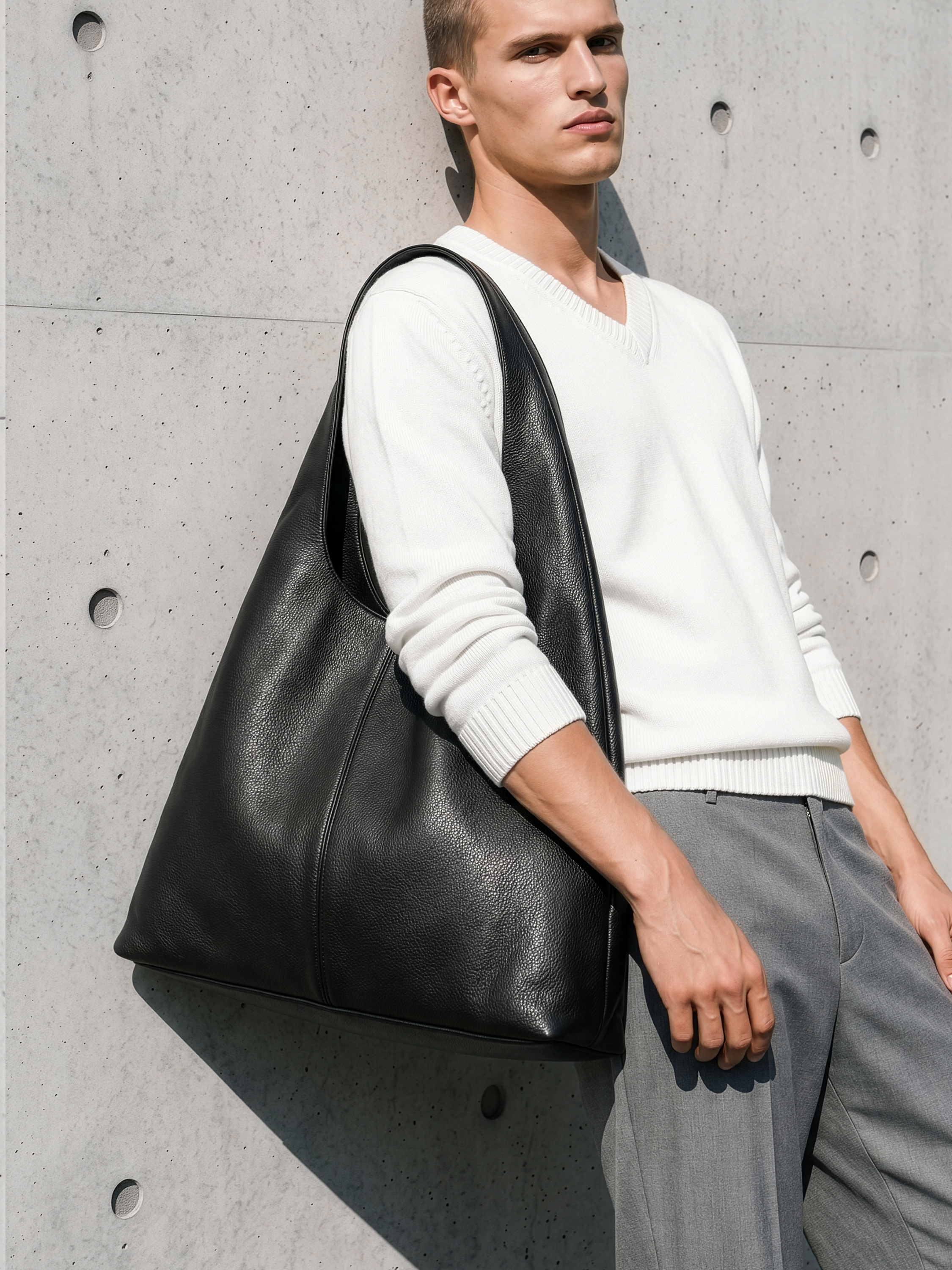 Alba Black Slouchy Leather Tote with Pouch