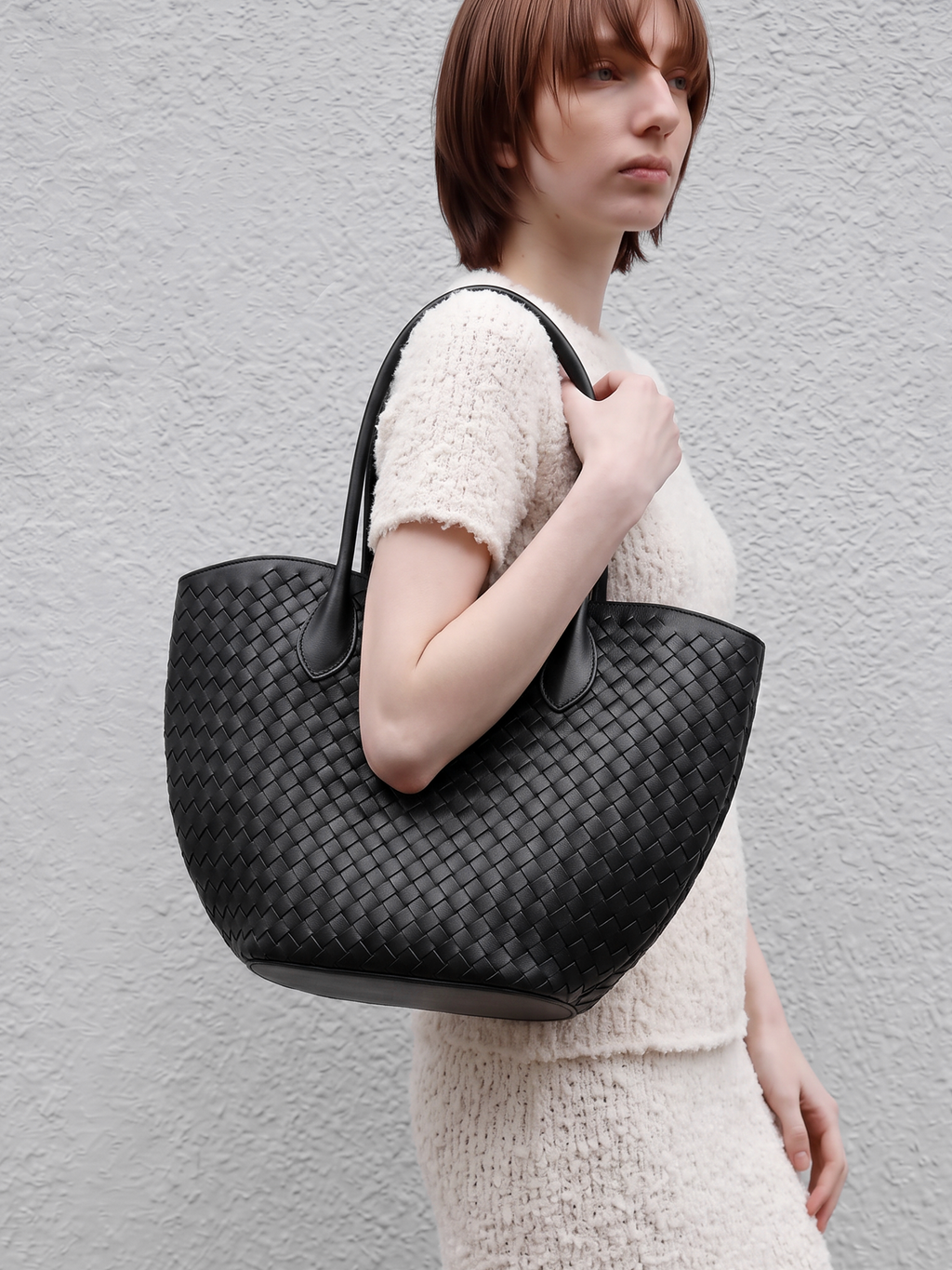 Lumen Black Woven Leather Tote Bag