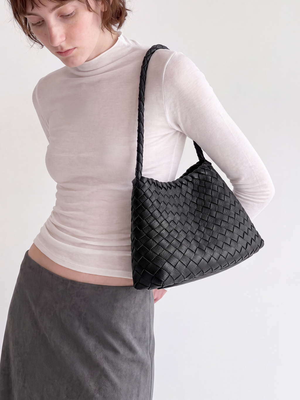 Linea Black Woven Leather Shoulder Bag