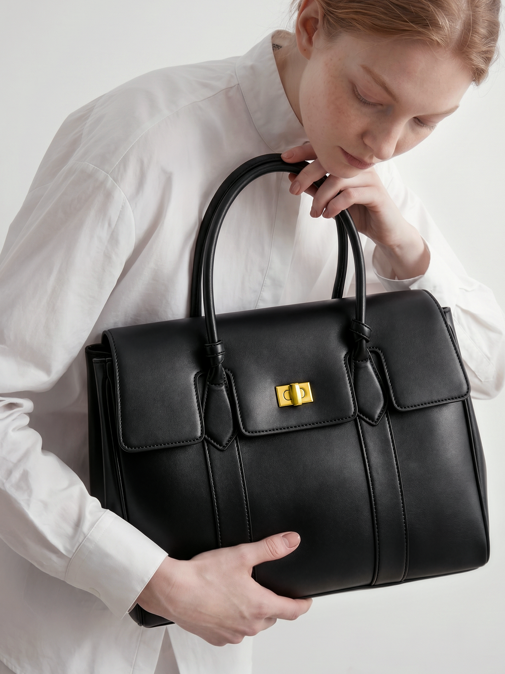 Domus Black Leather Top Handle Bag