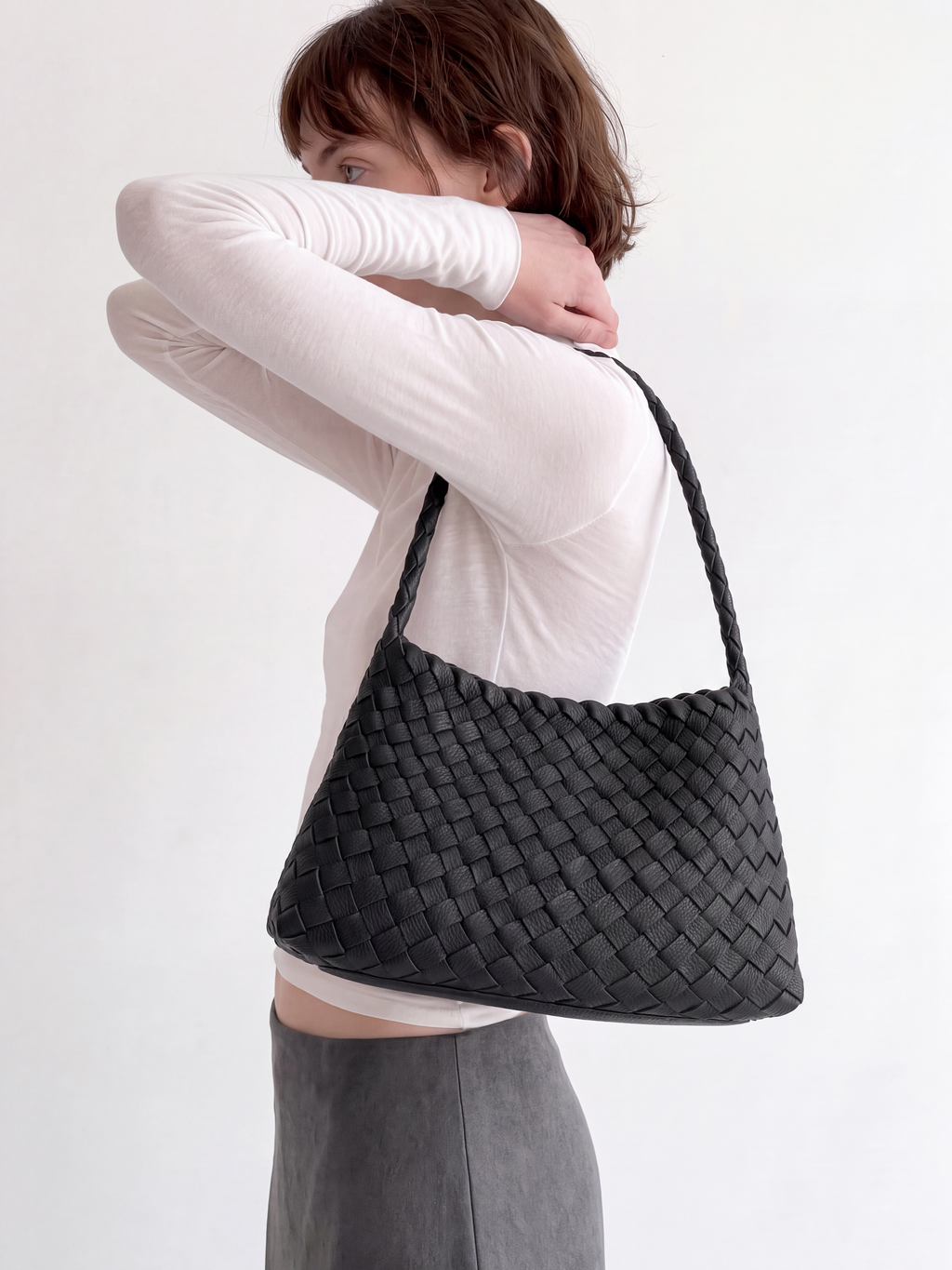 Linea Black Woven Leather Shoulder Bag