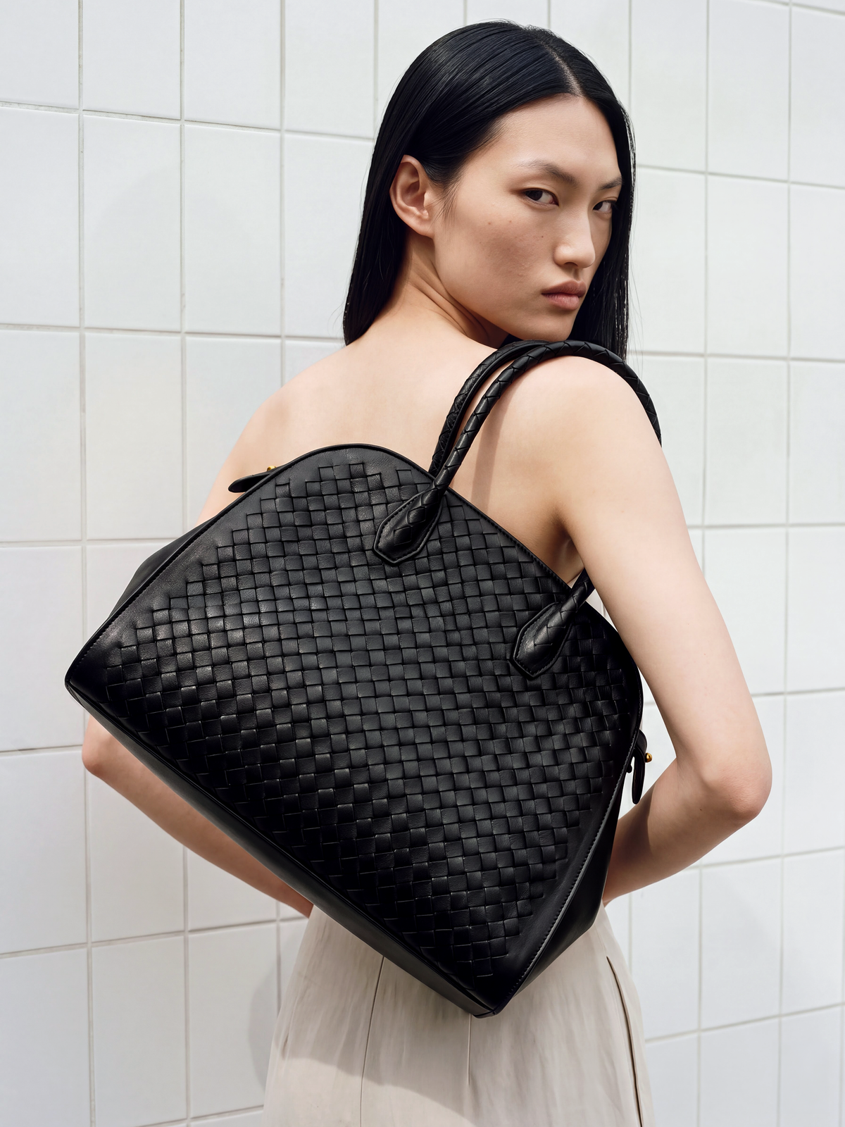 Forte Black Woven Top Handle Bag