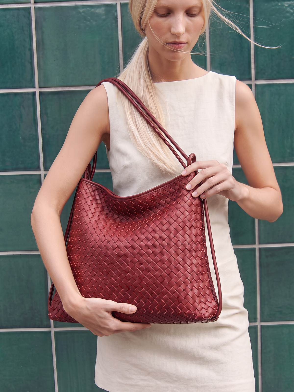 Versa Burgundy Woven Convertible Leather Tote
