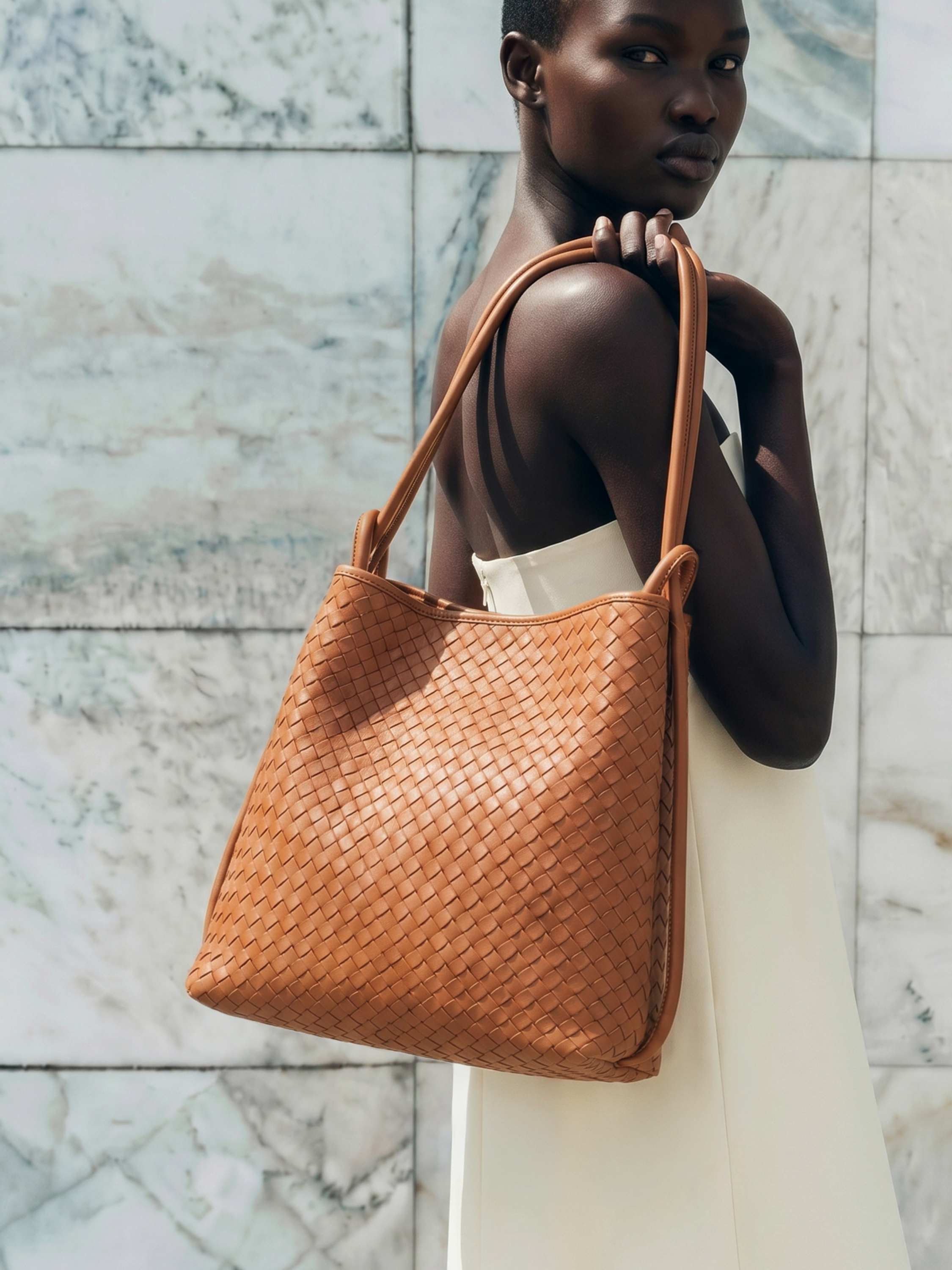 Mini Versa Tan Woven Convertible Leather Tote