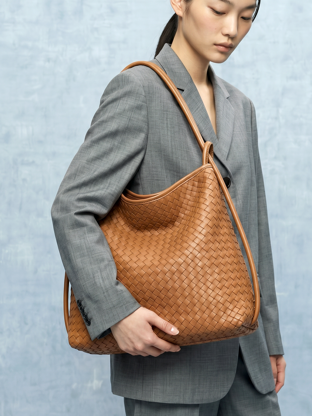 Versa Tan Brown Woven Convertible Leather Tote