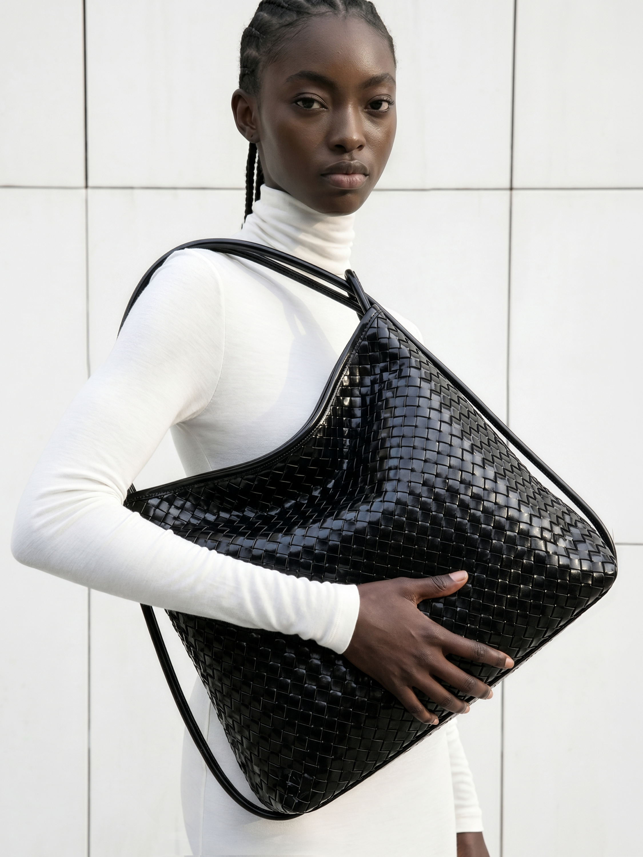 Versa Black Woven Convertible Leather Tote
