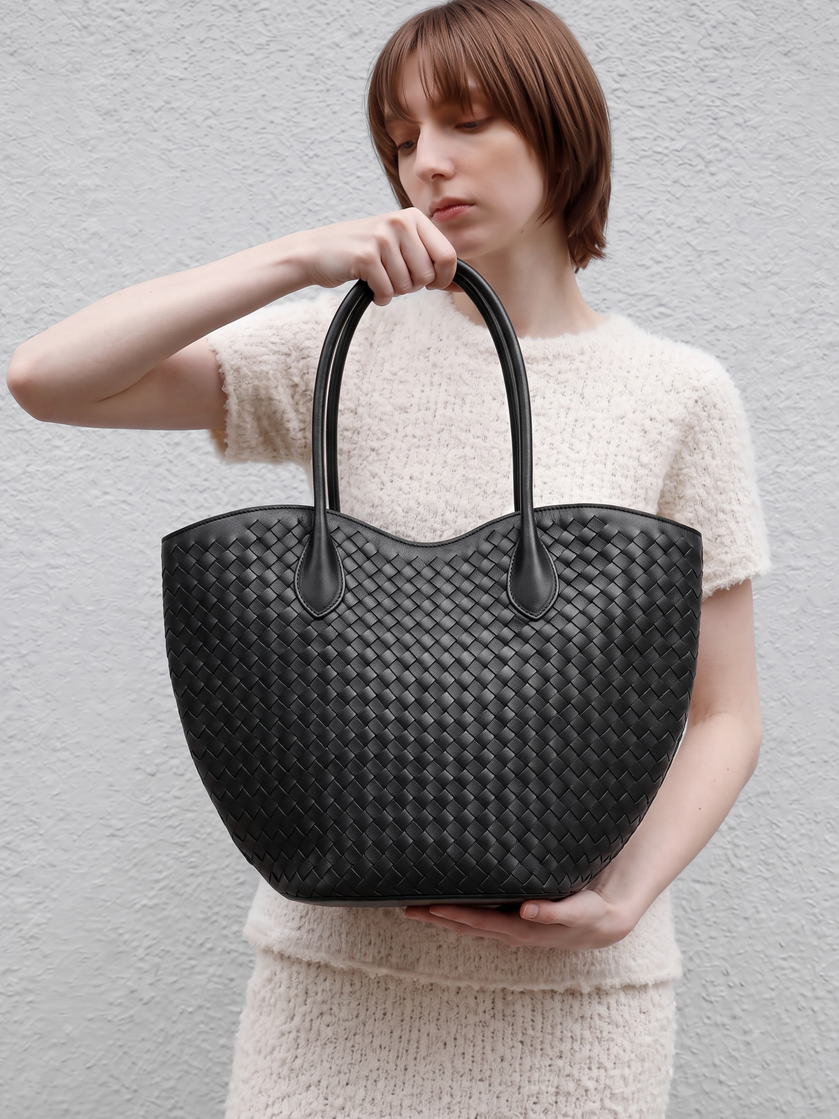 Lumen Black Woven Leather Tote Bag