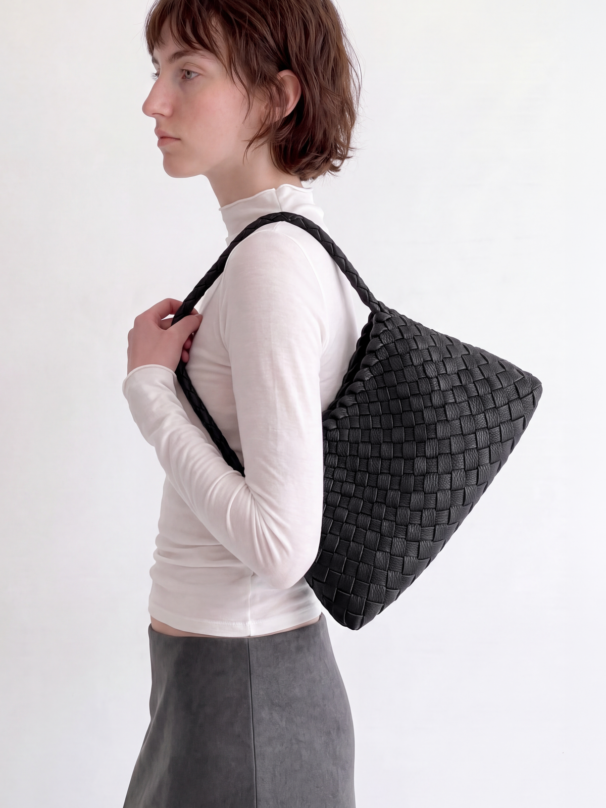 Linea Black Woven Leather Shoulder Bag