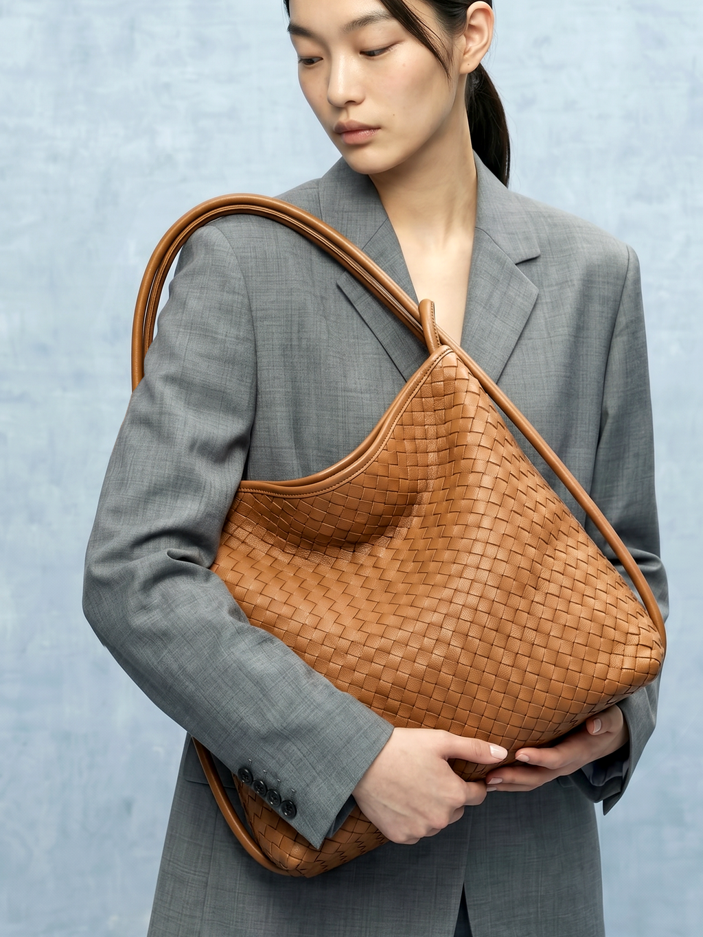 Versa Tan Brown Woven Convertible Leather Tote