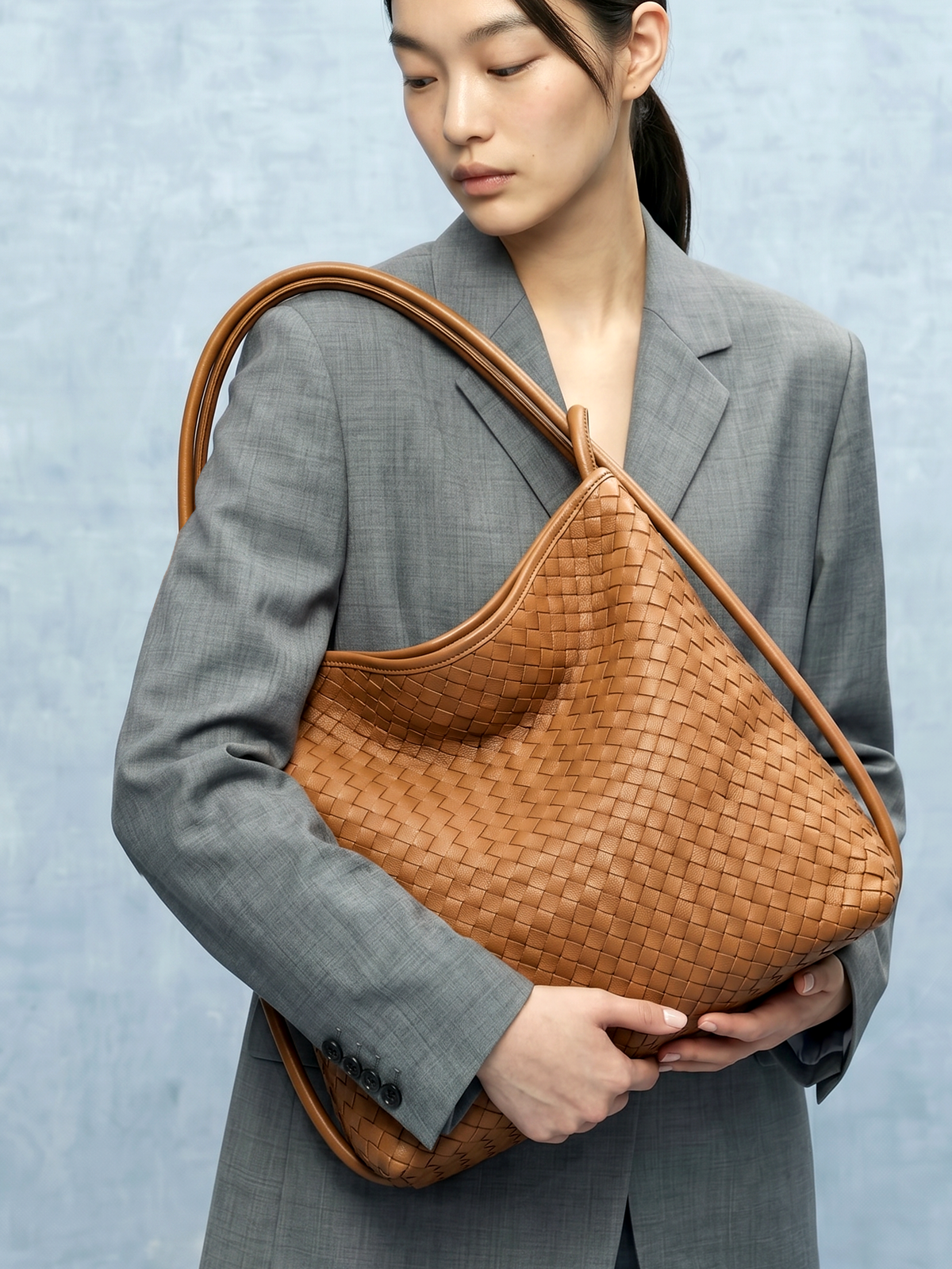 Versa Tan Brown Woven Convertible Leather Tote