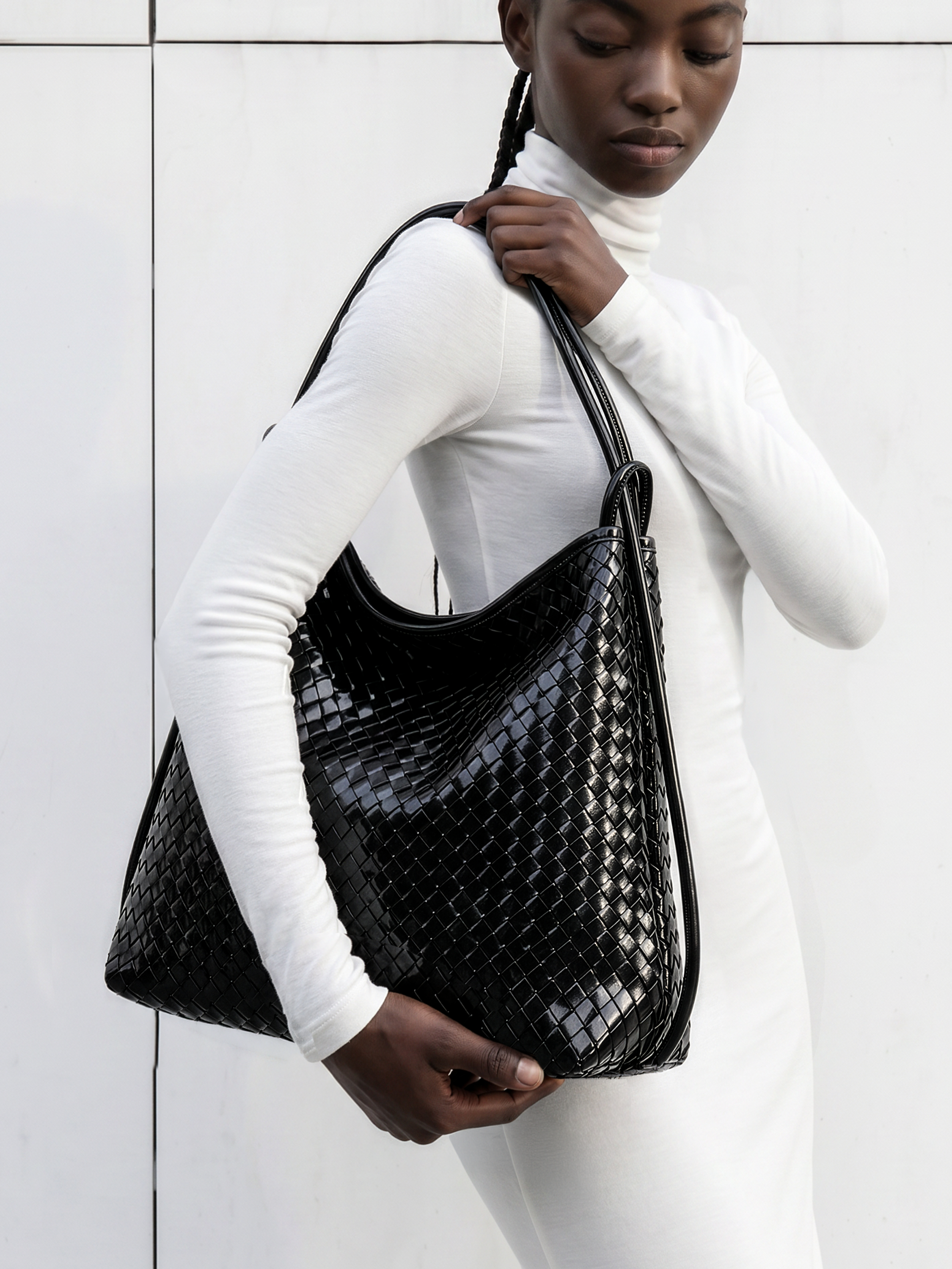 Versa Black Woven Convertible Leather Tote