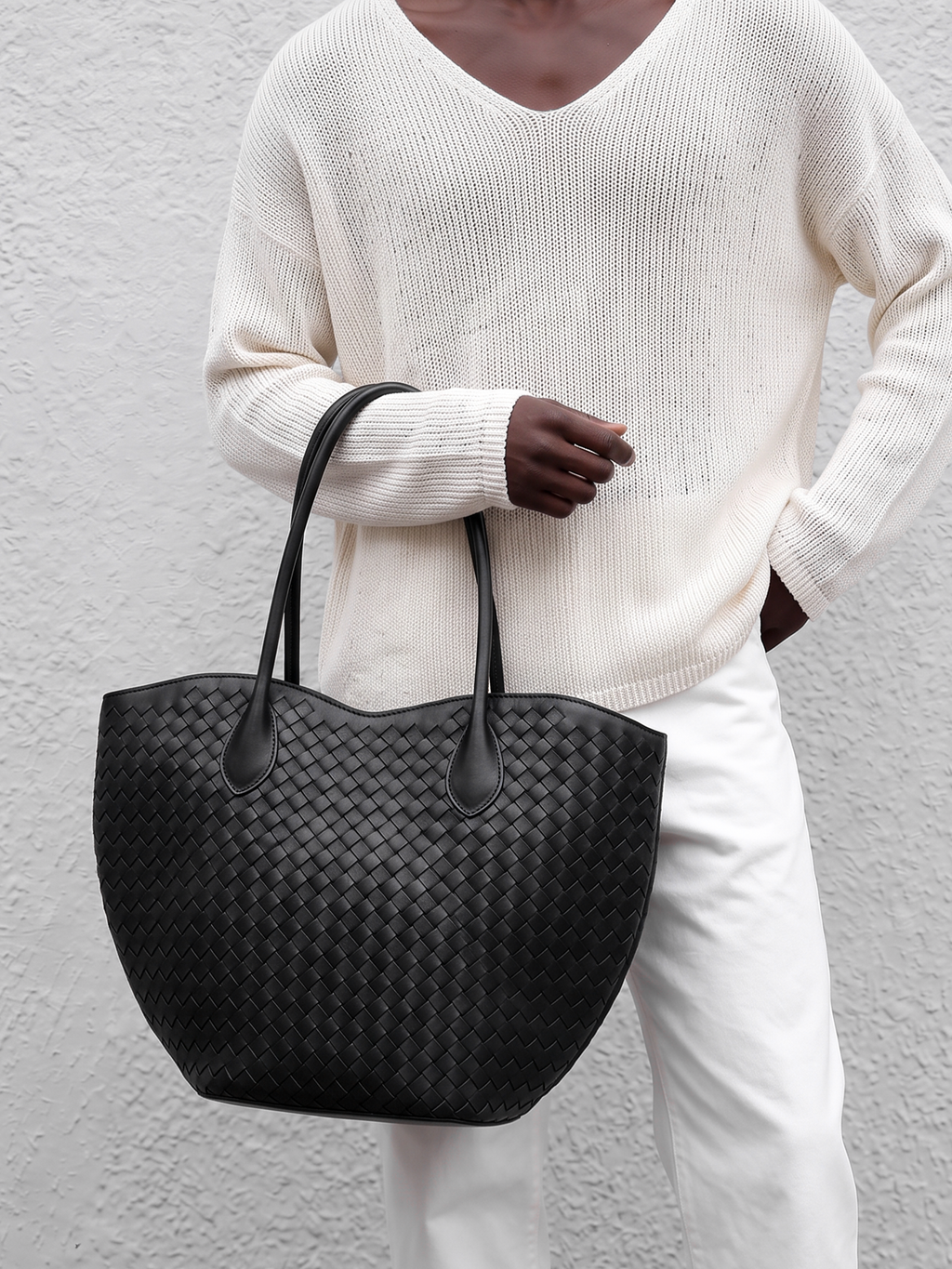 Lumen Black Woven Leather Tote Bag