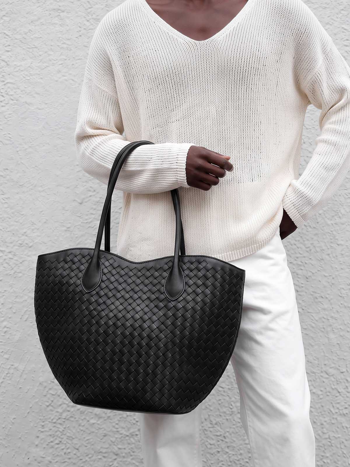 Lumen Black Woven Leather Tote Bag