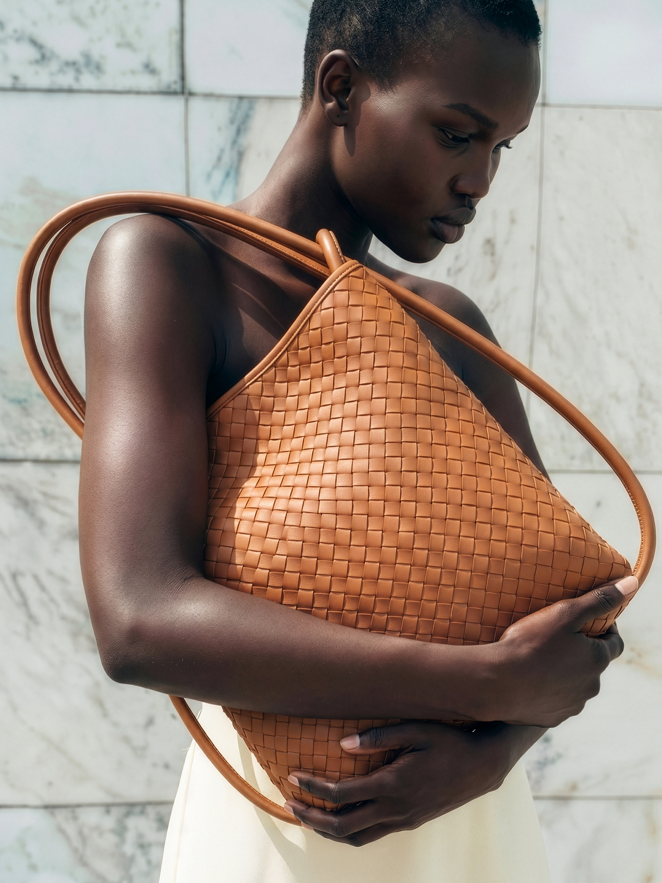 Mini Versa Tan Woven Convertible Leather Tote