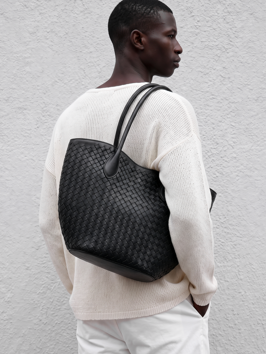 Lumen Black Woven Leather Tote Bag