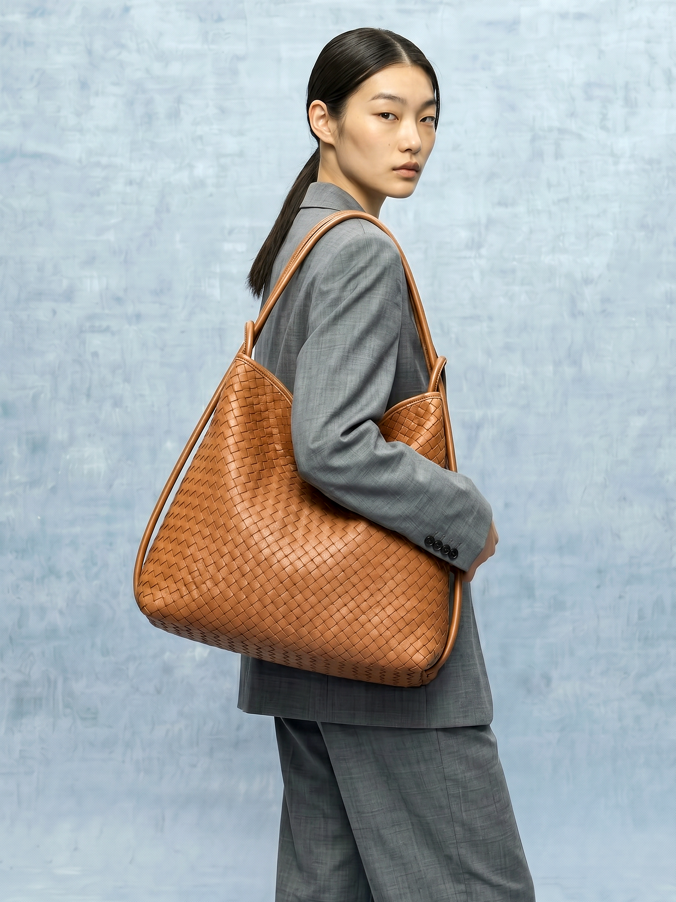 Versa Tan Brown Woven Convertible Leather Tote