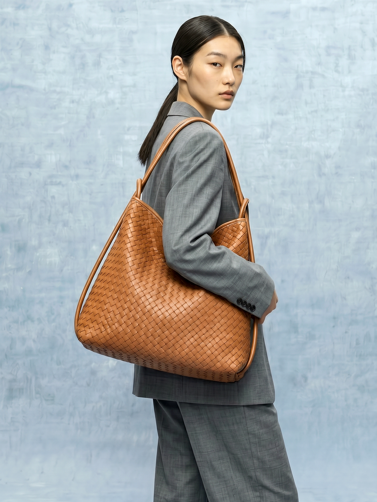 Versa Tan Brown Woven Convertible Leather Tote