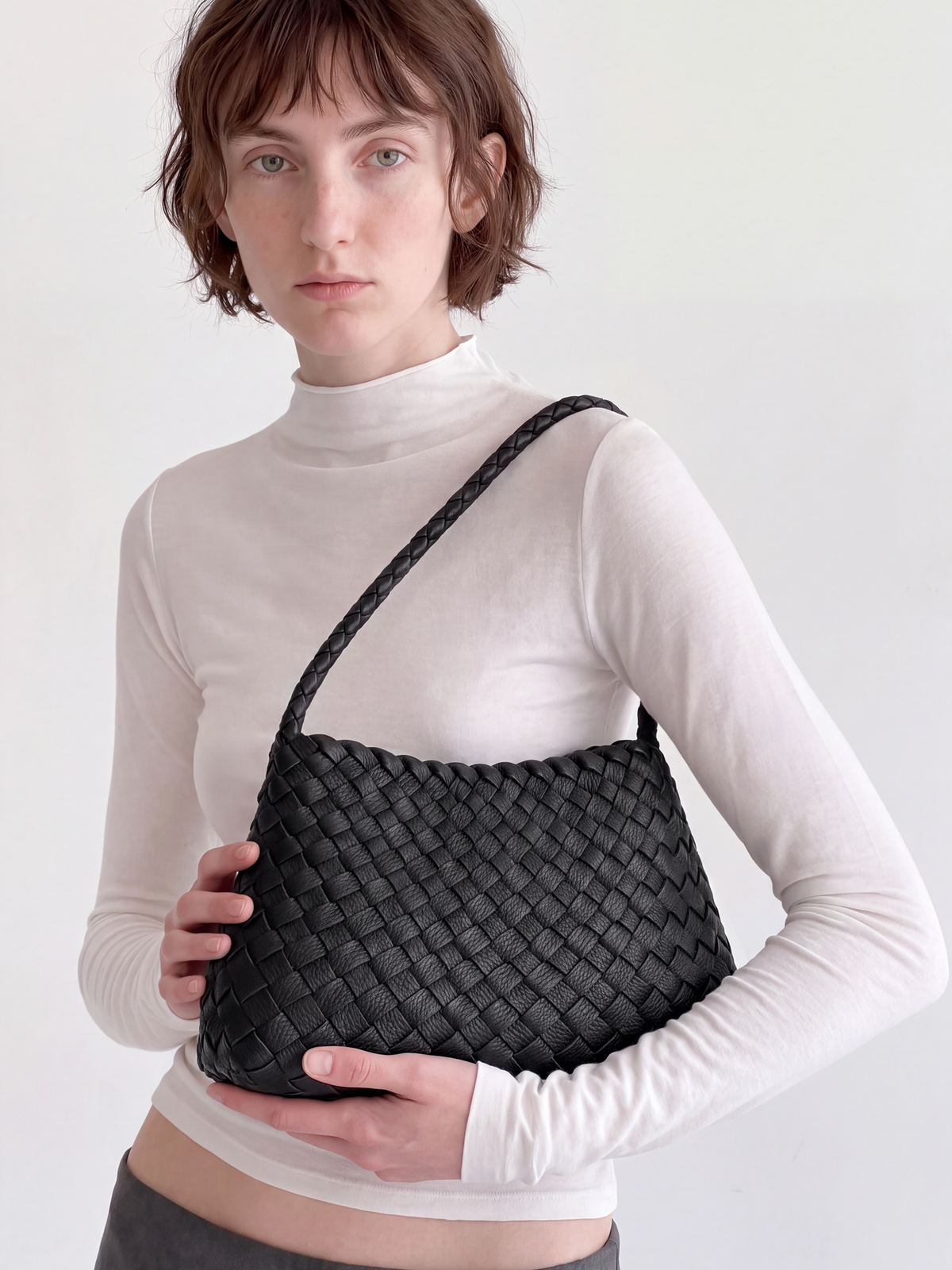 Linea Black Woven Leather Shoulder Bag