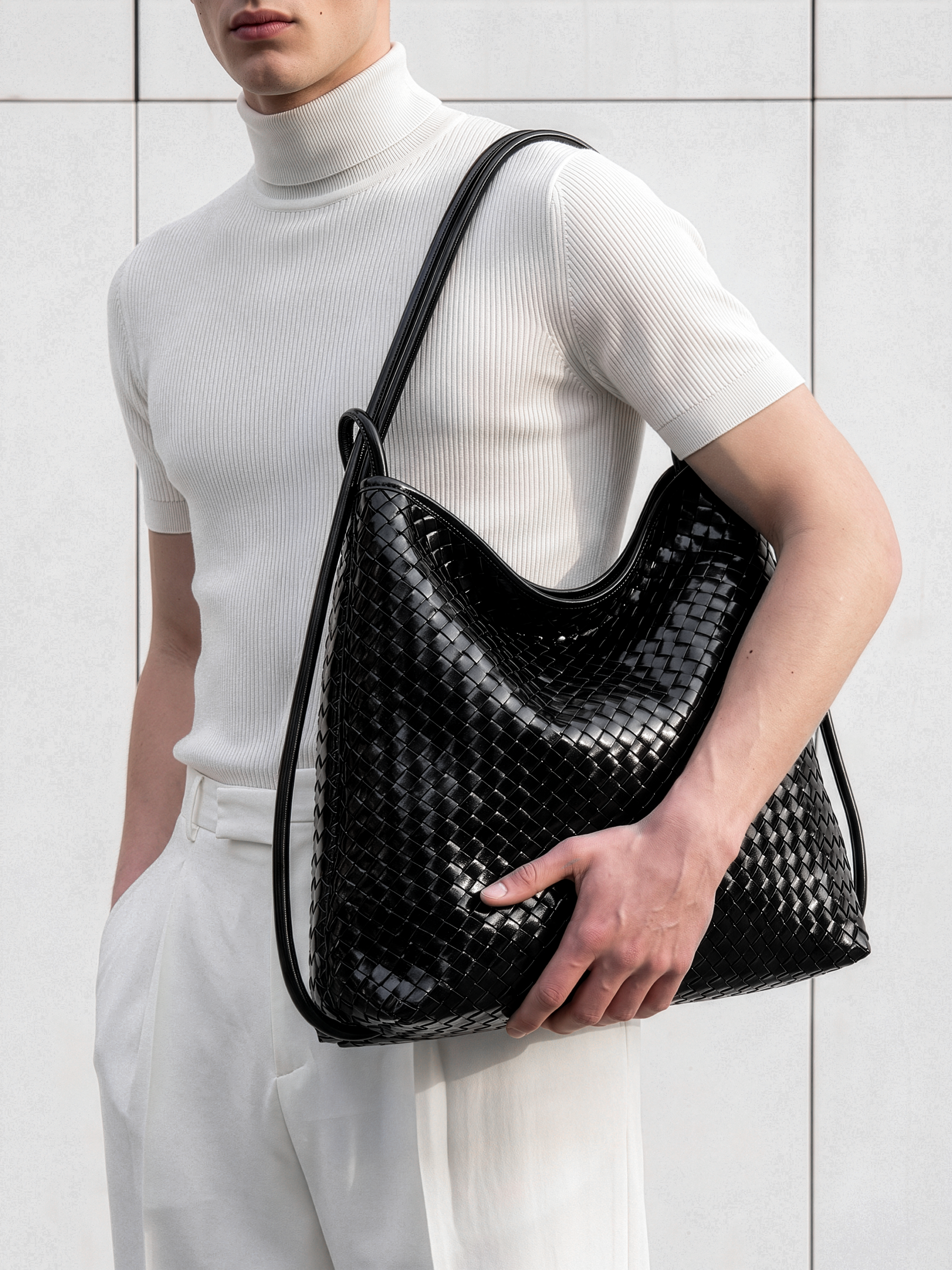 Versa Black Woven Convertible Leather Tote